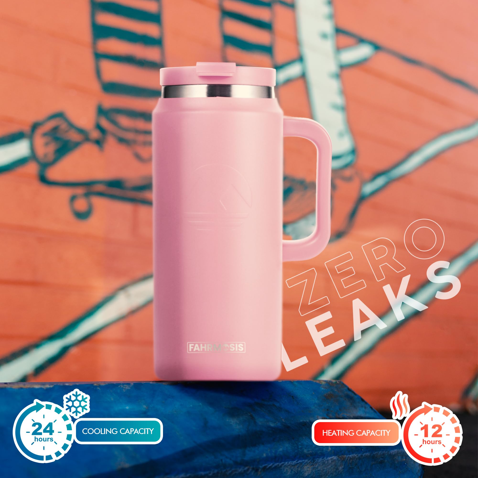 64 Oz Tumbler With Handle And Straw Half Gallon Water Bottle Stainless Steel Travel Mug