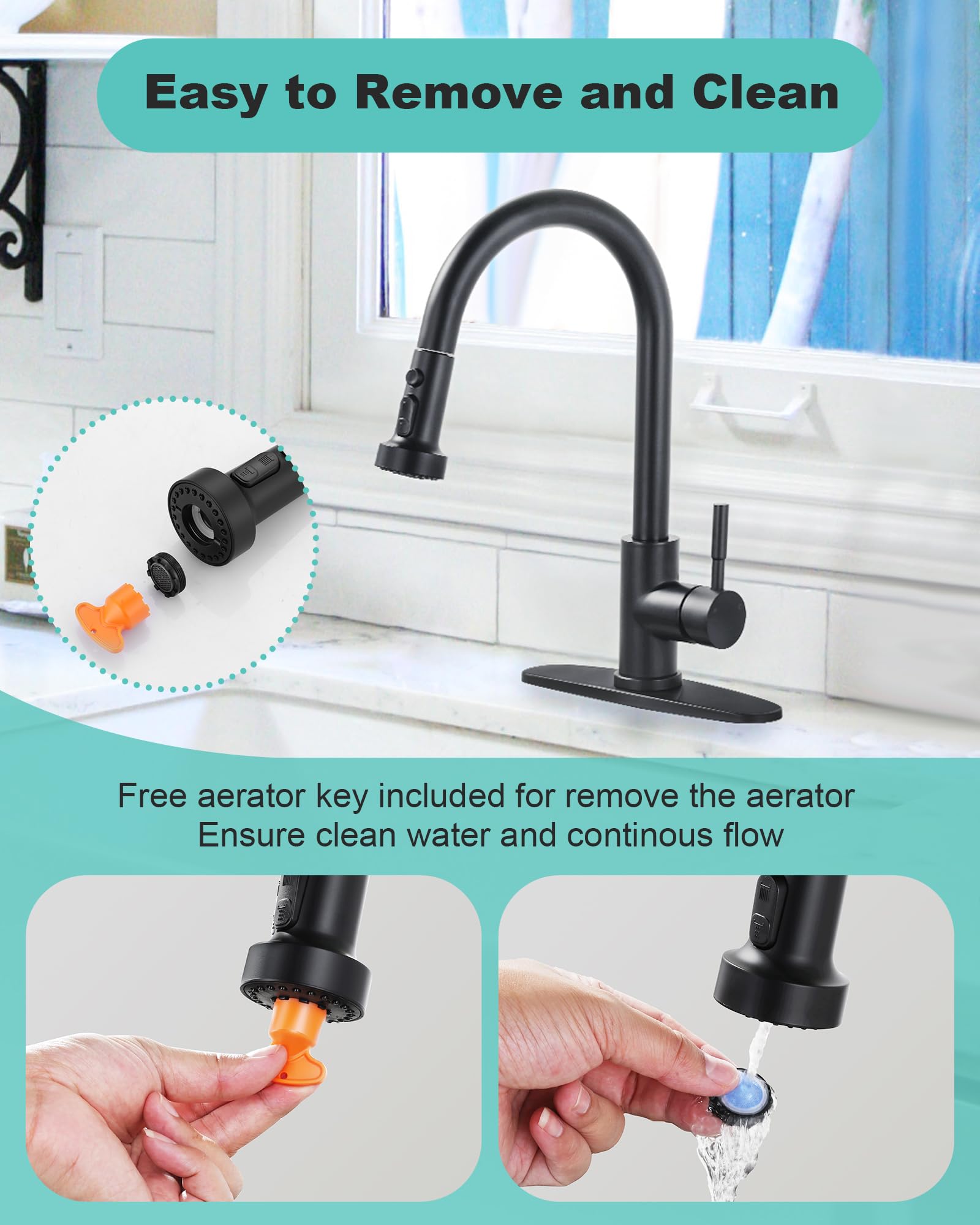 Arcora Pull Down Faucet Head Replacement: 3-Function Kitchen Faucet Sprayer Head Replacement With 9 Adapters - Matte Black Sink Faucet Head Compatible With Moen, Delta, American Standard Faucets