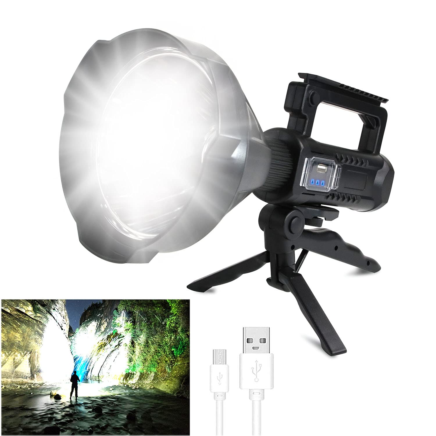Foleto Rechargeable Led Spotlight Flashlights 120000 High Lumens, Super Bright Flashlight With 4 Modes Ipx5 Waterproof, Large Searchlight For Fishing, Hiking And Camping With Tripod(Large)