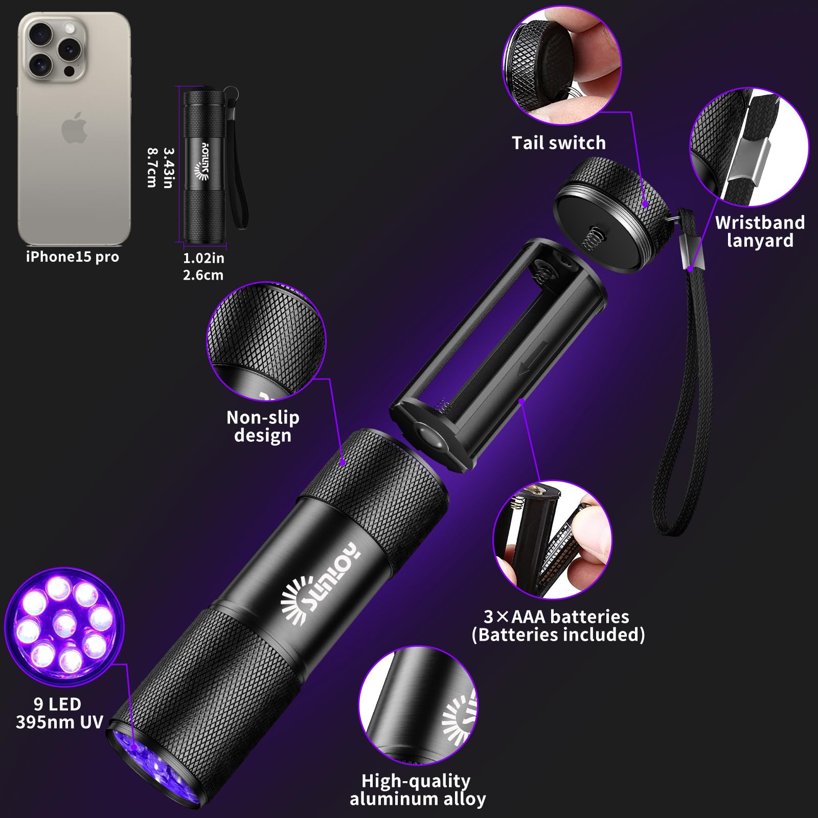Sunloy Uv Flashlight Black Light Uv Lights, 5 Pack 9 Led 395Nm Ultraviolet Blacklight, Handheld Mini Torch Light Pet Urine Detector For Dog/Cat Urine, Dry Stains(15X Aaa Batteries(Silver))