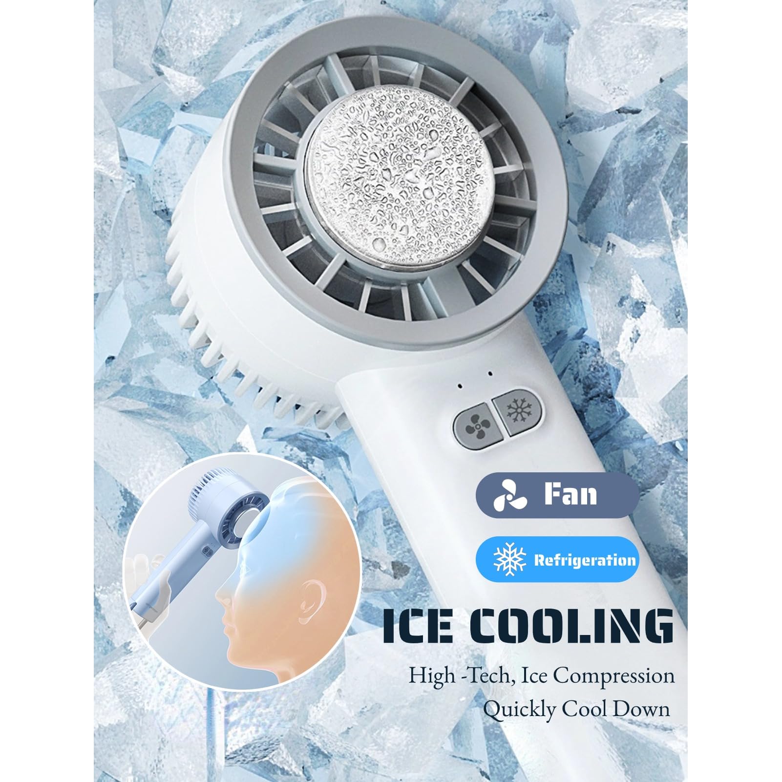 Handheld Fan With Ice Cooling, Usb Rechargeable 3 Speeds Low Noise Small Pocket Cooling Fan
