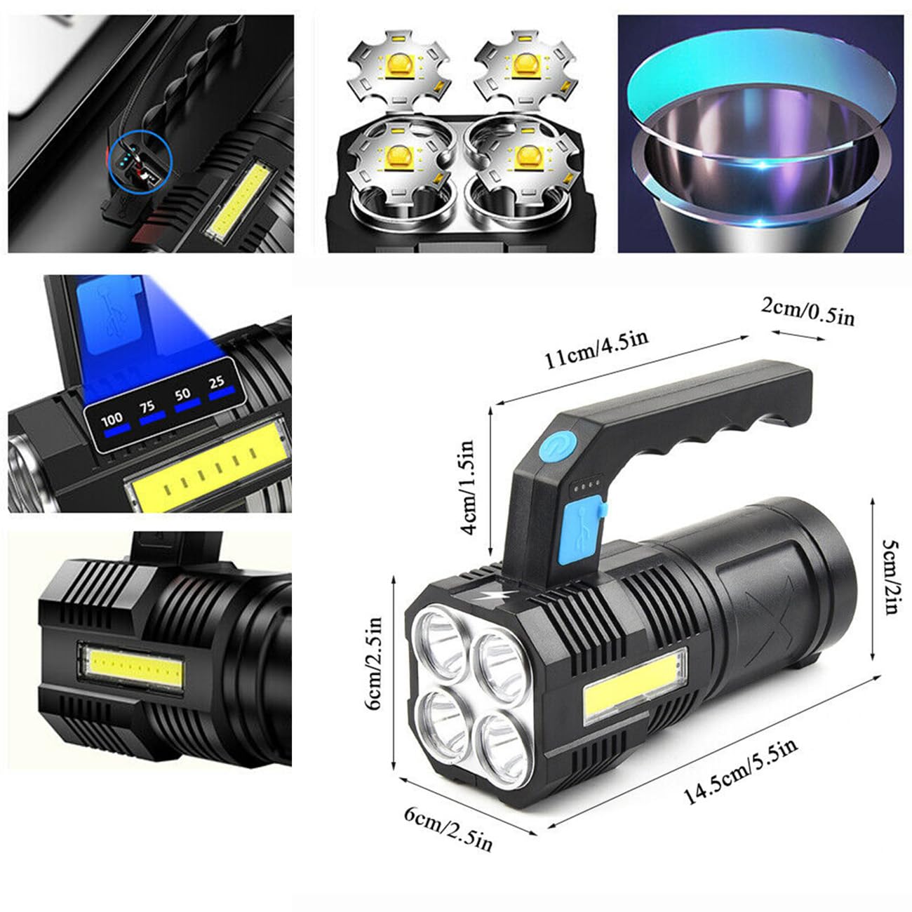 Clezgo Flashlight Rechargeable Usb High Lumens-Camping Flashlight With 4 Powerful Led Beads Handheld Flashlight For Home 4 Modes Waterproof For Outdoor Fishing Hiking Emergency