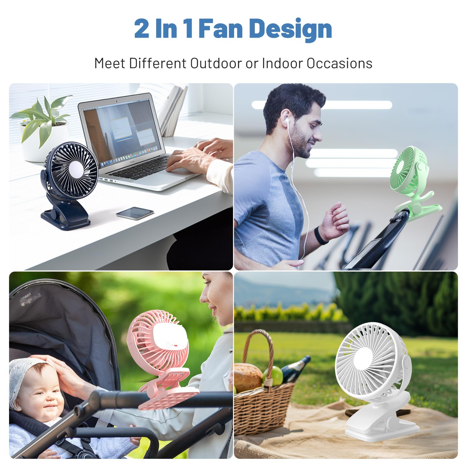 Portable Clip On Fan, 360° Rotate Battery Operated Stroller Fan, 3 Speed Quiet Mini Personal Desk