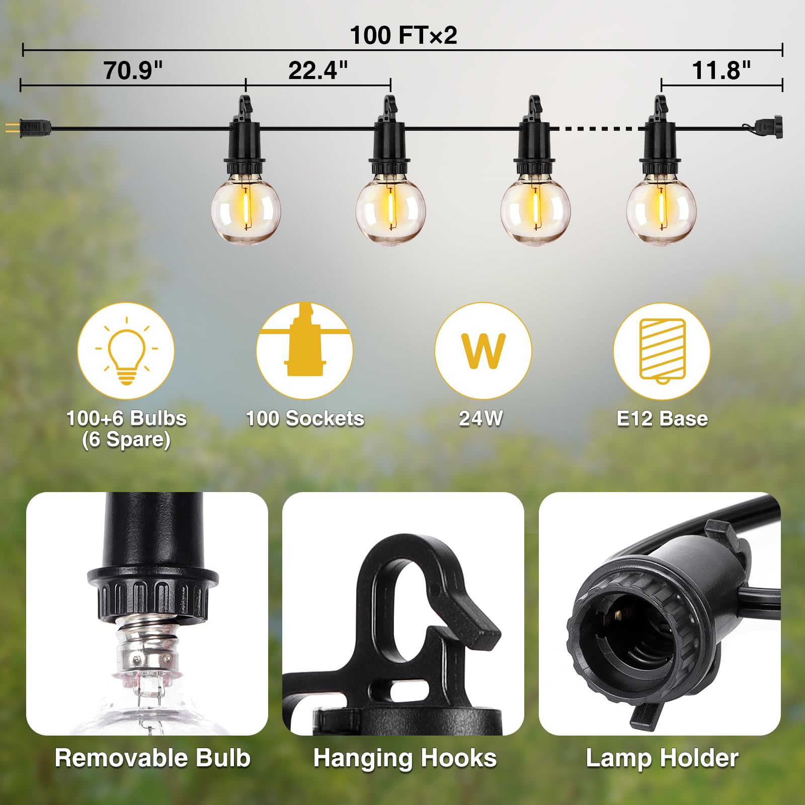 Zjojo 200Ft Outdoor String Lights, G40 Globe Outdoor Lights With 100 Shatterproof Led Bulbs (6 Spare), 2700K Hanging Waterproof Patio Light, Connectable String Lights For Outside Backyard Porch Party
