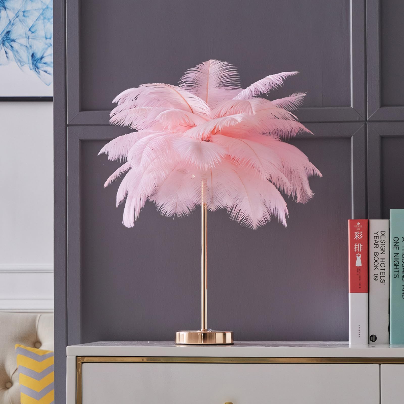 Lincwonz White Ostrich Feather Lamp,3-Color Temperatures Table Lamps For Girls Bedroom Funky Unique Cute Bed Side Nightstand Gold Desk Light (Bright Pink)