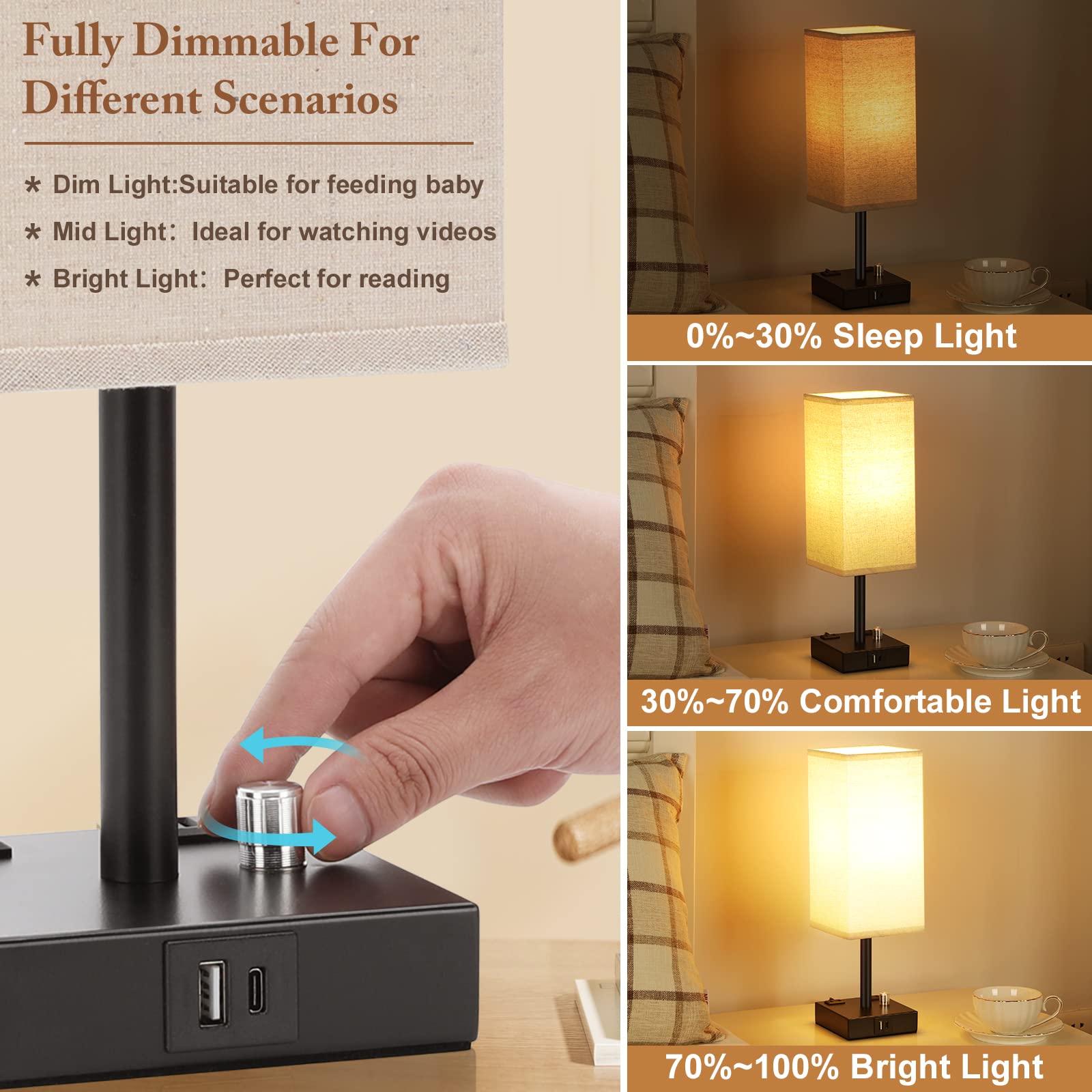 Aooshine Fully Dimmable Nightstand Lamps Set Of 2 - Table Bedside Lamp With Usb C+A Charging Ports & 2 Ac Outlets, Square Lamp Sets Linen Fabric Shade For Bedroom Living Room(Bulb Included)