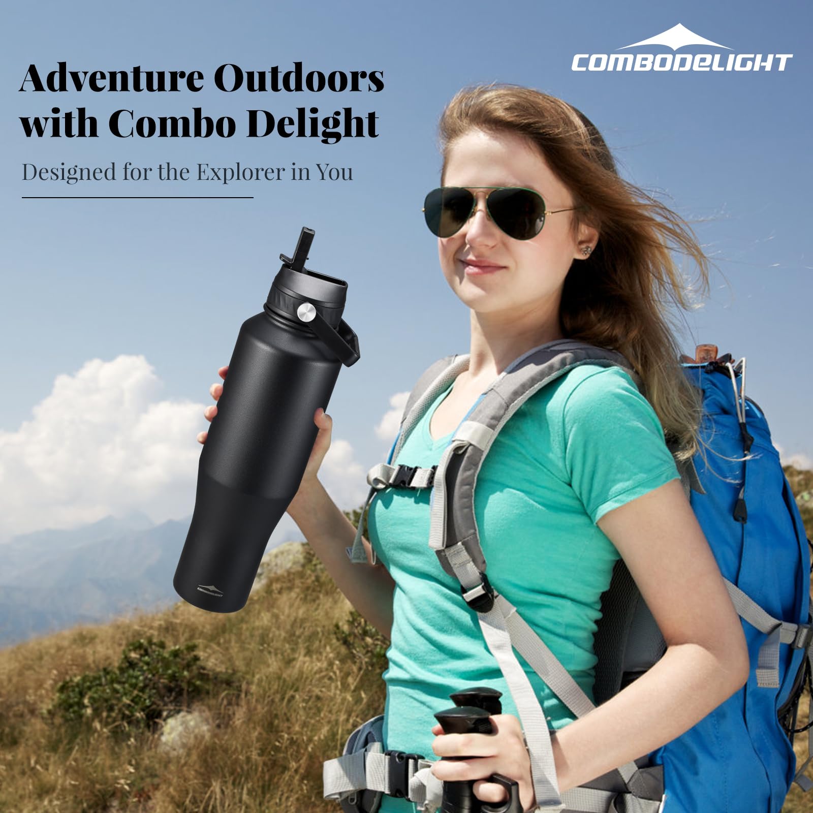 40Oz Insulated Water Bottle Stainless Steel, Double Wall Vacuum Bottles With Straw/Spout Lids