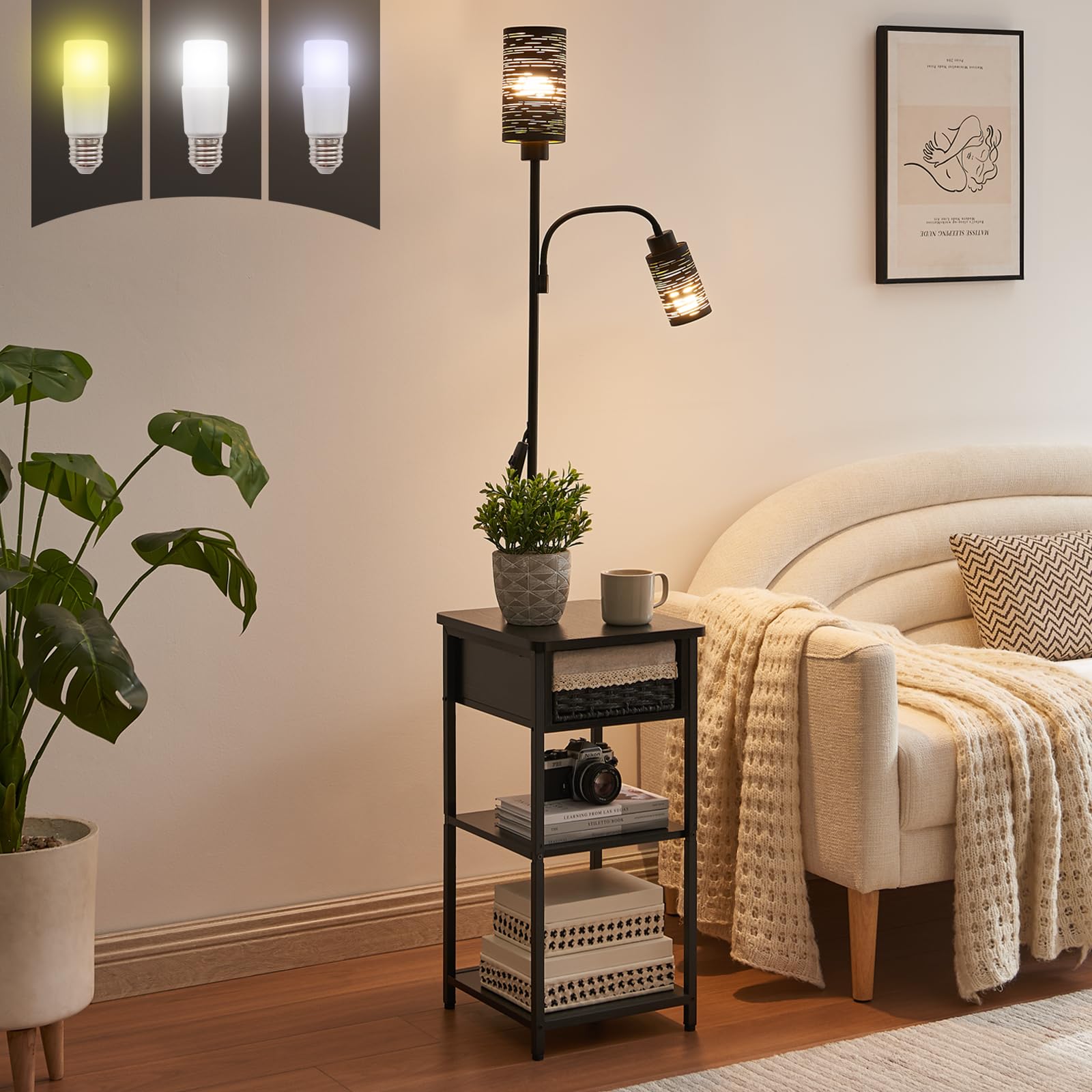Bamgrow Floor Lamp With End Table, Side Table With Lamp Attached, Bedside Nightstand Light For Small Spaces With Wicker Drawer And Storage Shelf For Living Room, Bedroom, Guest Room, 2 Bulbs Included