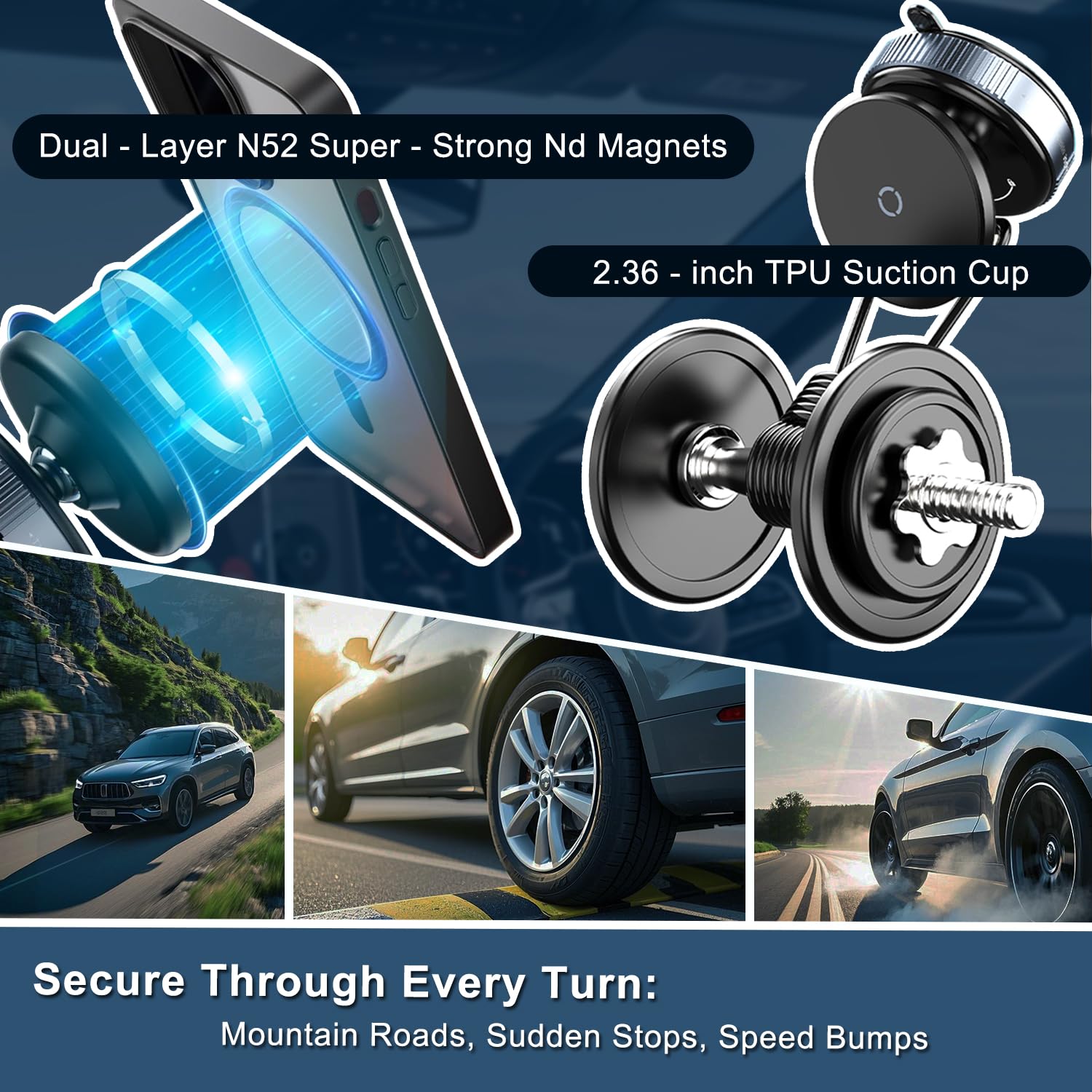 Jkoailiwi   360° Adjustable Vacuum Magnetic Phone Holder For Car, Hands- Magnetic Suction Cup Phone Mount For Gym, Makeup, Compatible With Magsafe Iphone & Android