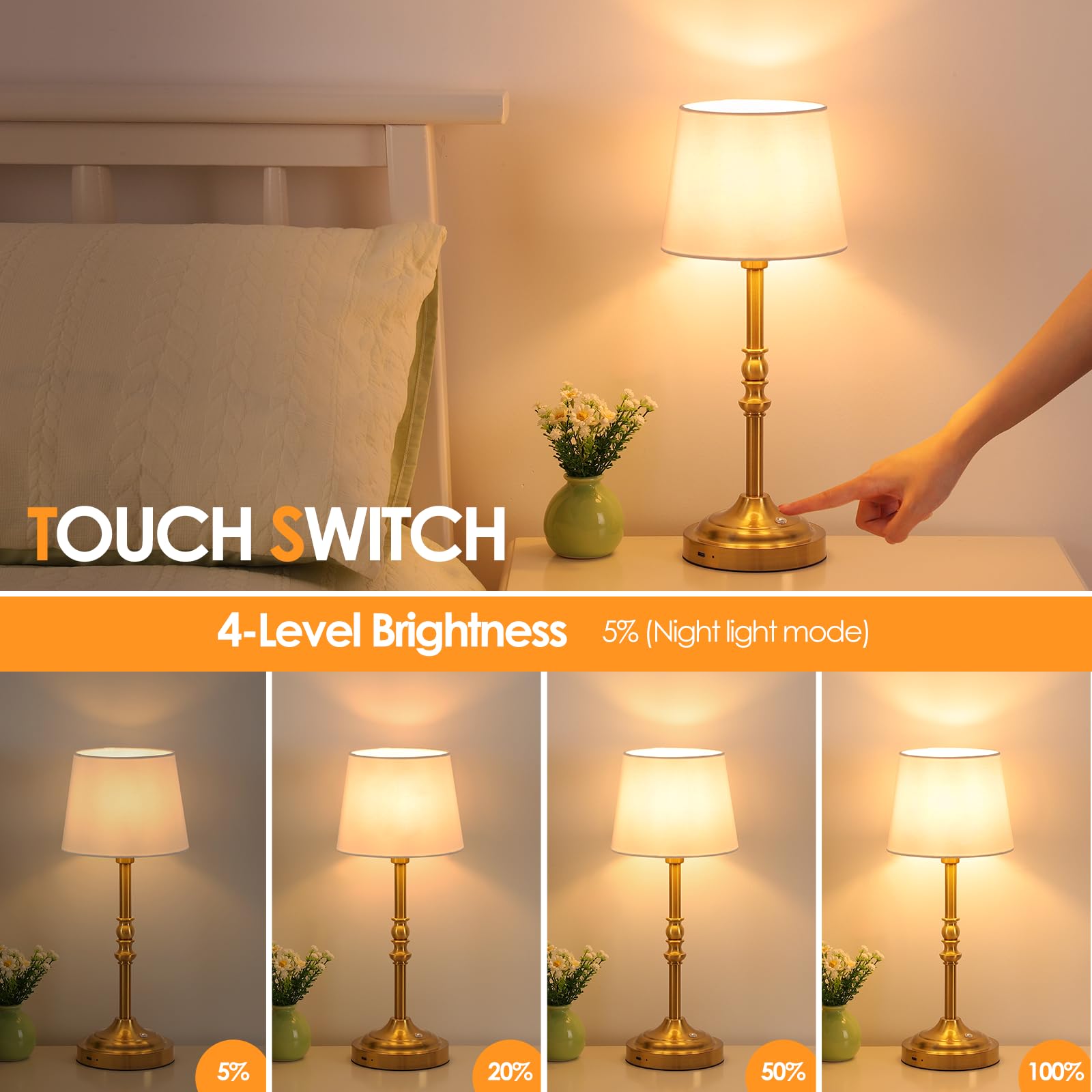 Ggoying Set Of 2 Rechargeable Cordless Led Table Lamps, 4-Level Dimmer, Bronze Portable Desk Lamps With White Fabric Shades, Night Light For Dining, Bedroom And Patio