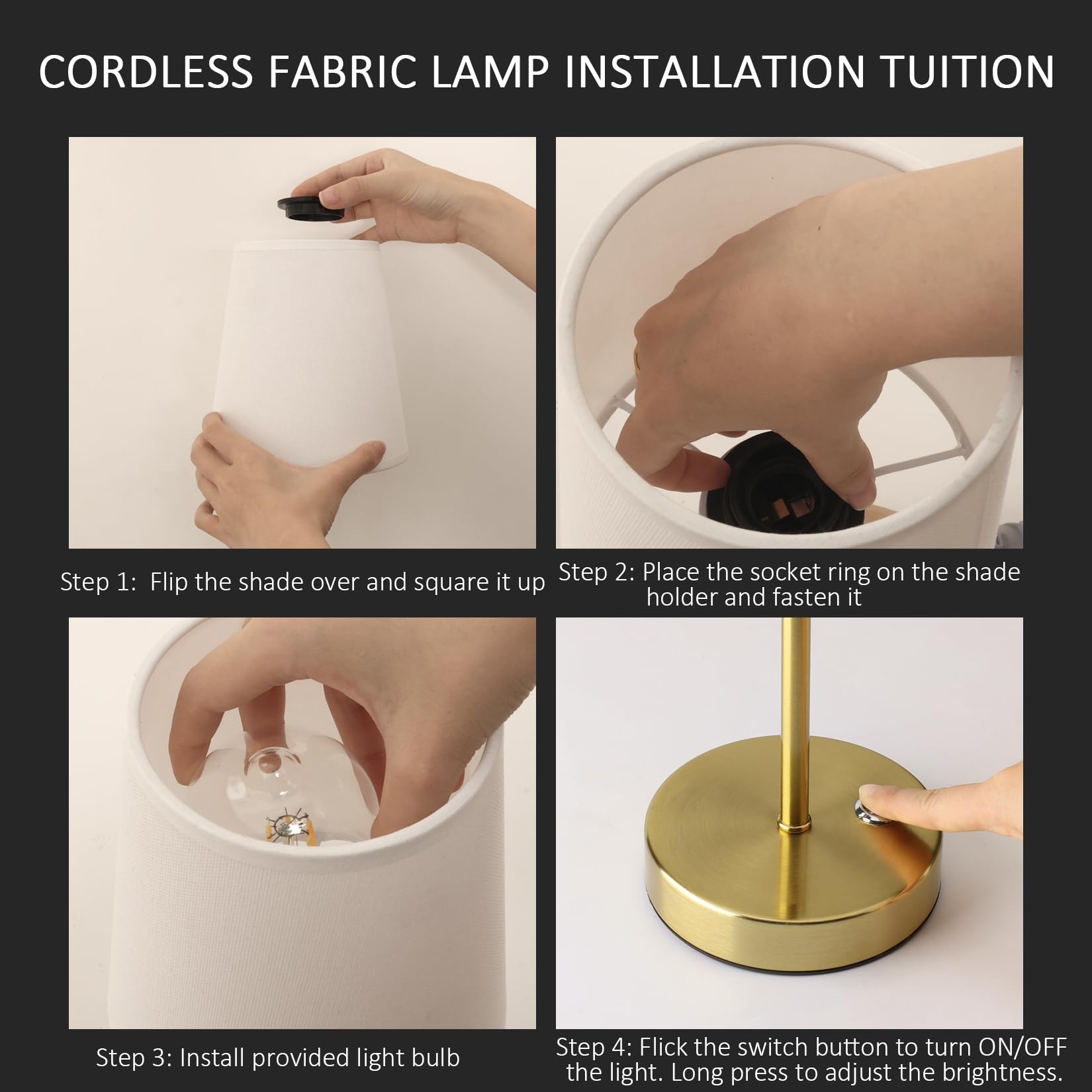 Irotine 1 Pack Gold Cordless Table Lamp Rechargeable Battery Powered 6000Mah Led Fabric Table Lamp With 6W Bulb And Dimmer,Dimmable Bedside Night Lamp,Patio Table Lamp,Ambient Light For Restaurant