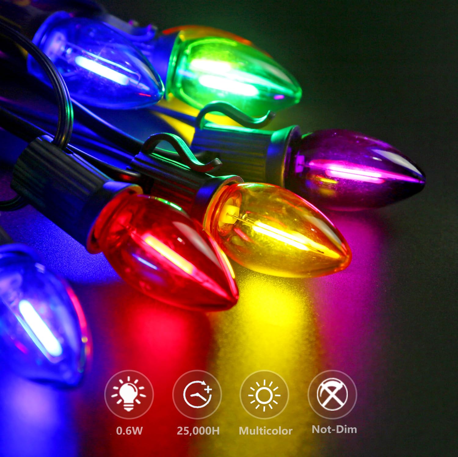 Bort 25 Pack C7 Led Replacement Light Bulb, Shatterproof C7 Led Bulbs For Christmas Outdoor String Lights, E12 Candelabra Base, Commercial Grade Holiday Bulbs - Multicolor