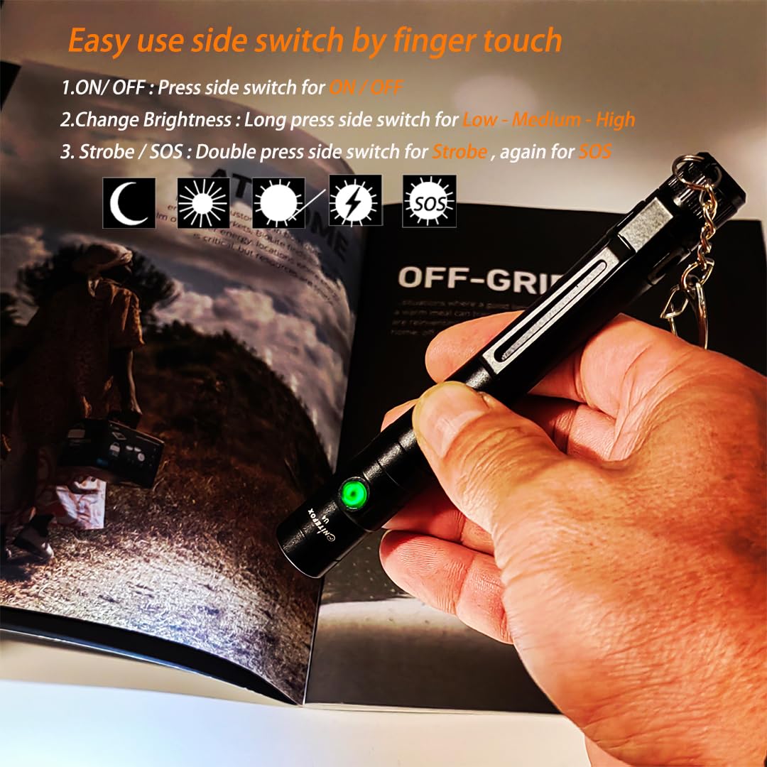 Nitefox Pen Light Rechargeable Edc Pocket Flashlight With Clip Diffuser,Bright 300 Lumens, Side Switch One-Hand Easy Use For Everyday Work,Emergency,Tight Spaces, Worker,Police, Nurse Use