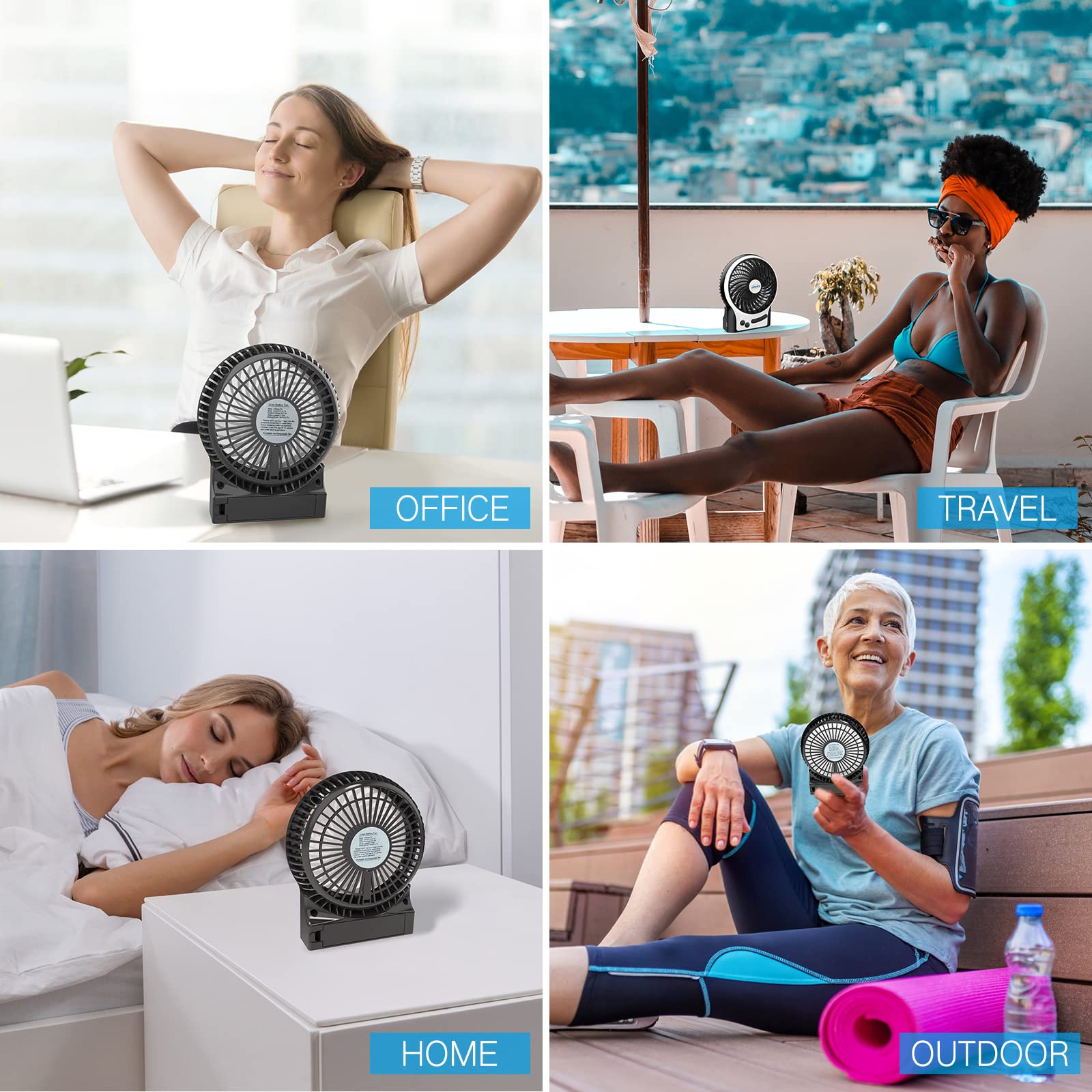 Efluky 3 Speeds Mini Desk Fan, Rechargeable Battery Operated Fan With Led Light And 2200Mah Battery