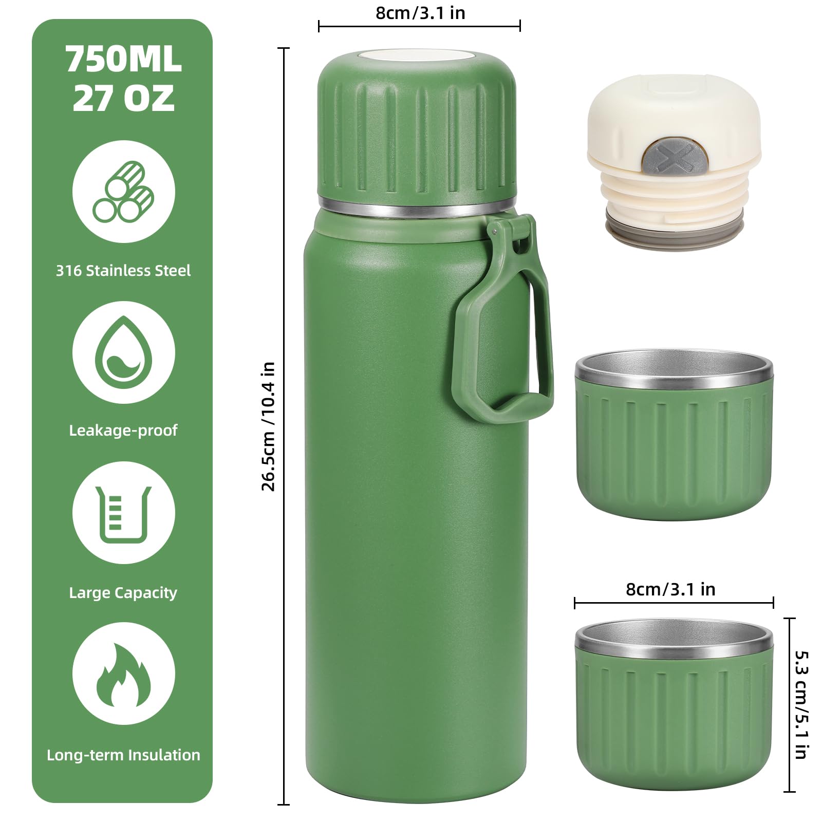 750Ml/27 Oz Coffee Thermo With 3 Cups, Insulated Water Bottle, Stainless Steel Vacuum Flask Set