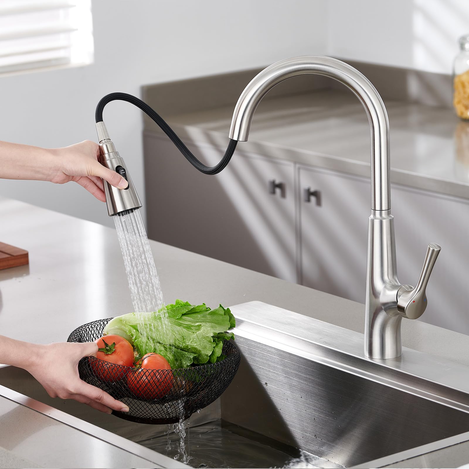 Aktines Kitchen Faucet With Pull Down Sprayer, 3-Function High Arc Stainless Steel Kitchen Sink Faucet With Deck Plate, Brushed Finish