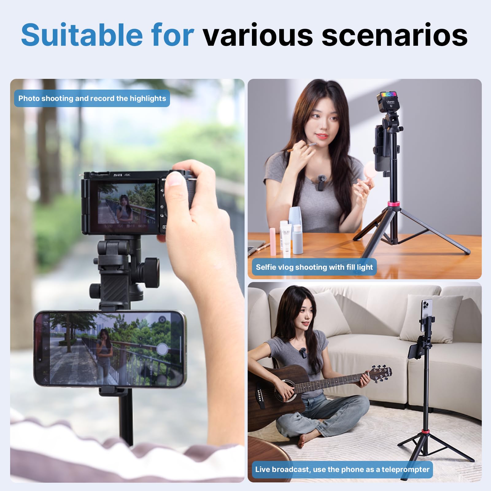 Ulanzi Mt-78 Extendable Selfie Stick Tripod, 72.83" With 2-In-1 Phone Clip, 360 Ball Head, Cold Shoe For Iphone, Sony, Canon