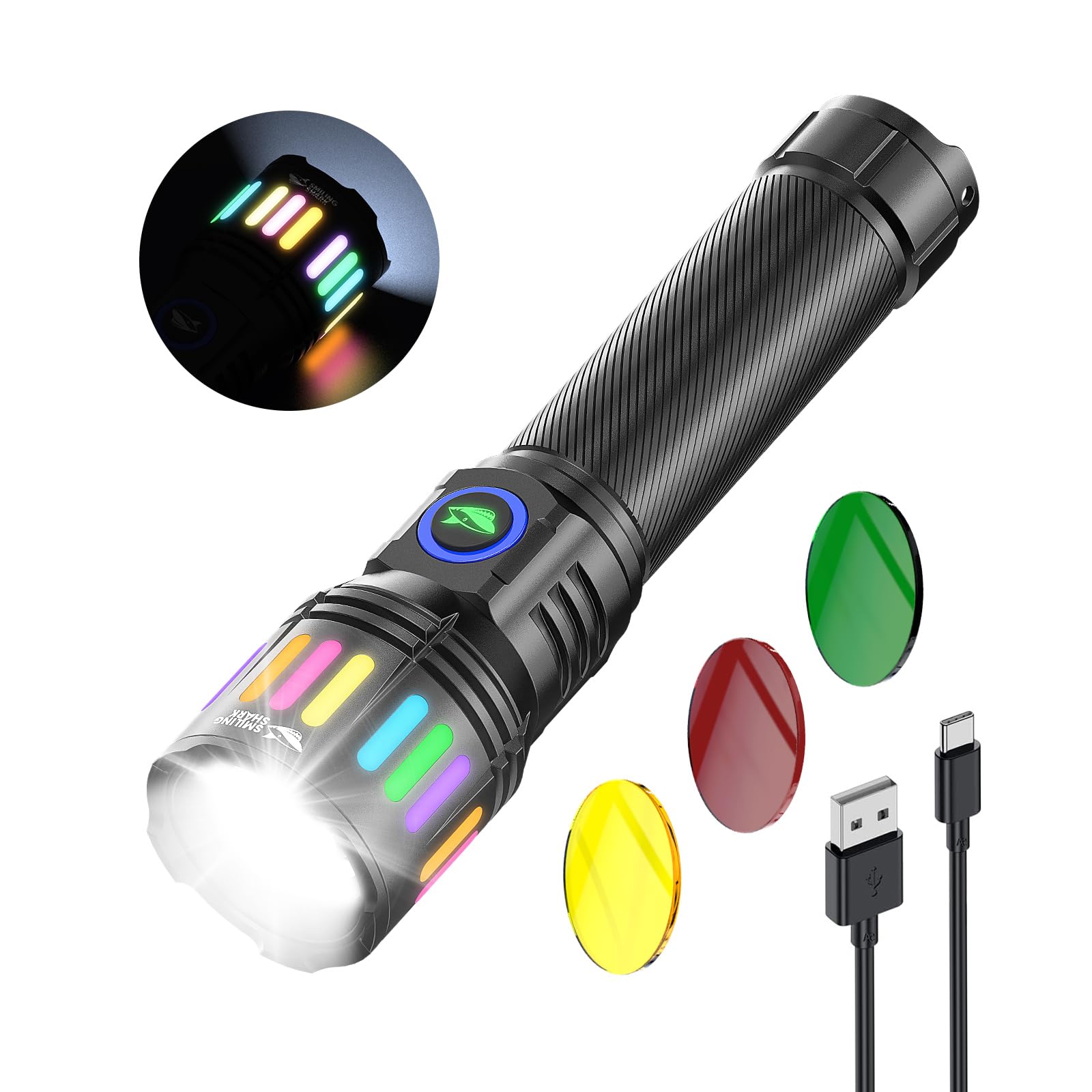 Smiling Shark Flashlight, M1 Bright Flashlights High Lumens Rechargeable Led With 4 Modes & Zoomable3 Color Lenses  Small Powerful Handheld Battery Flash Light For Home/Emergencies/Camping, Black