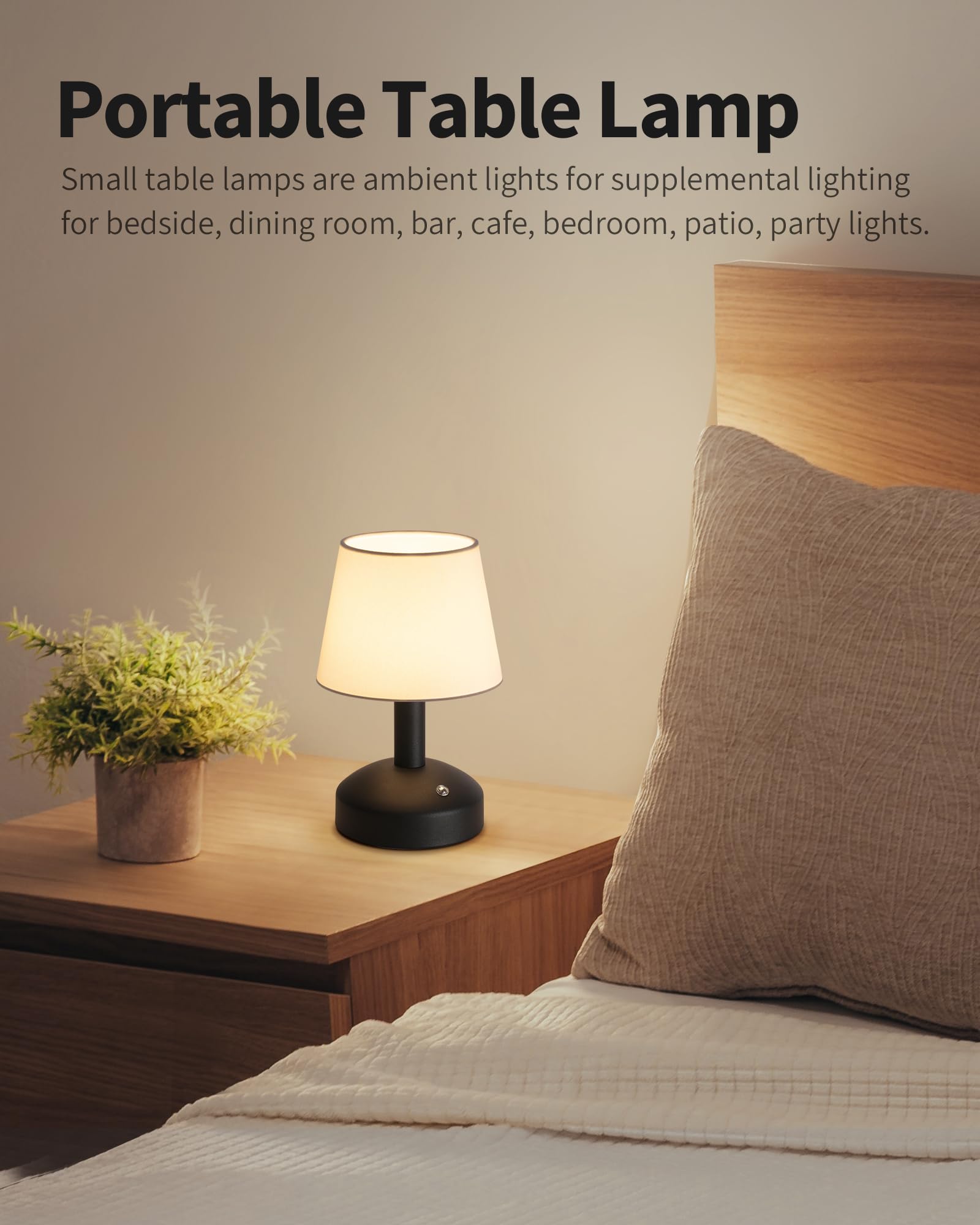Kdg Modern Cordless Small Table Lamp Set Of 2, Portable Led Fabric Shade Desk Lamps, 5000Mah Rechargeable Battery Operated Lighting For Bedroom, Bedside, Bar, Living Room, Dining Room (Black)