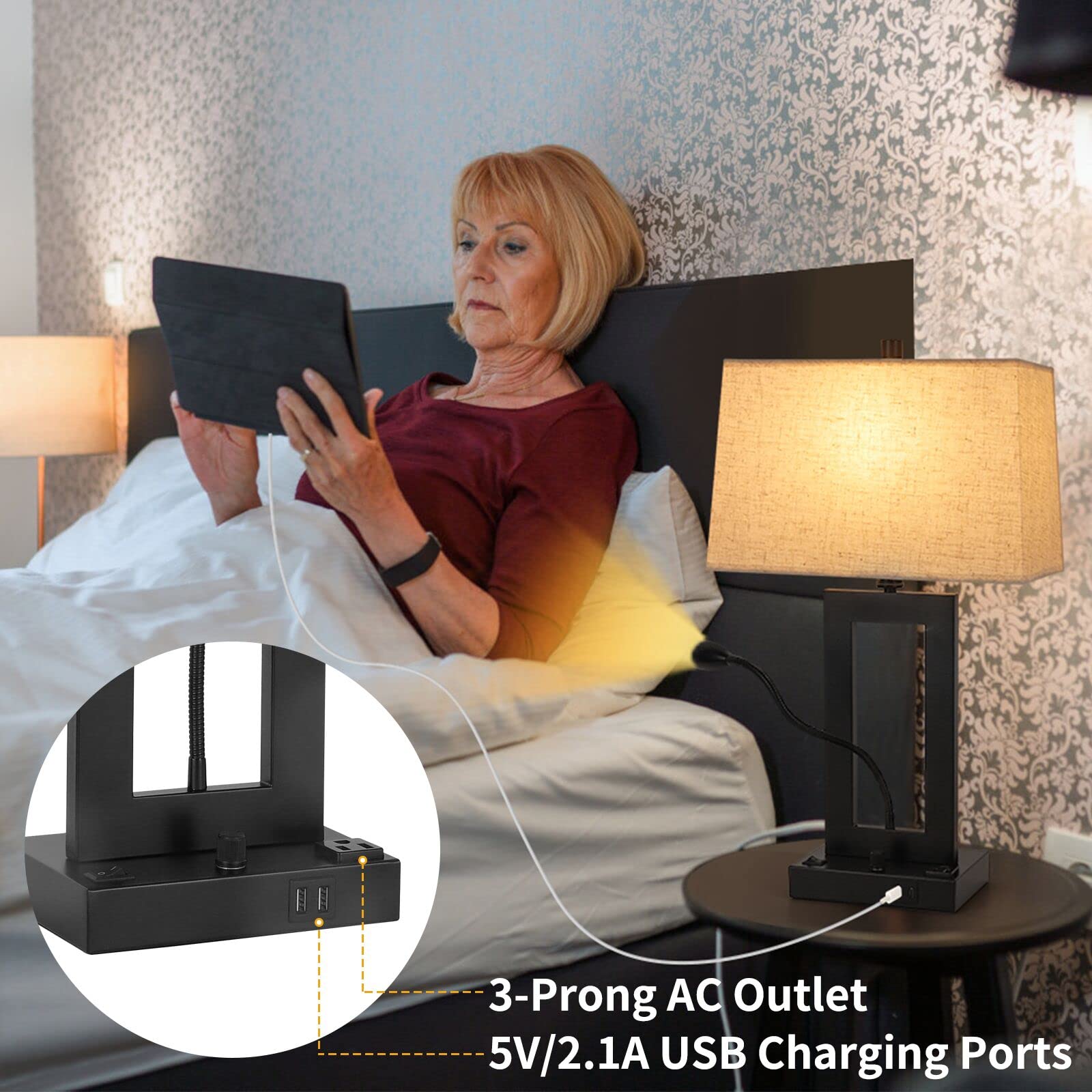 Trlife Table Lamp With Usb Charging Ports And Ac Outlet, Fully Dimmable Modern Nightstand Lamp With Fabric Lampshade For Reading Living Room Office, Attached A Led Gooseneck Spotlight(Bulb Included)