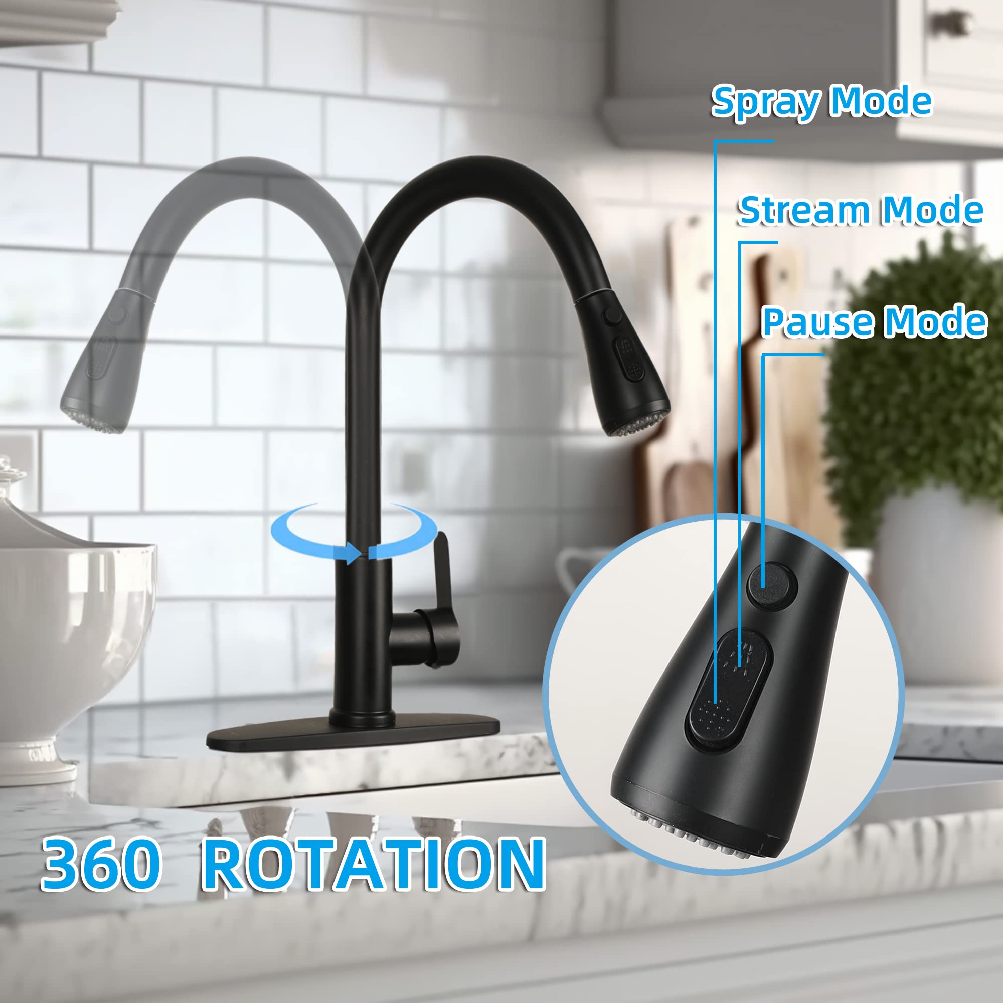 Cilaixi Kitchen Sink Faucet With Pull Down Sprayer With Deck Plate Home Handle Stainless Steel 360 High Arc Swivel Efficient Cleaning Brushed Out Kitchens Tap Faucets (Matte Black)