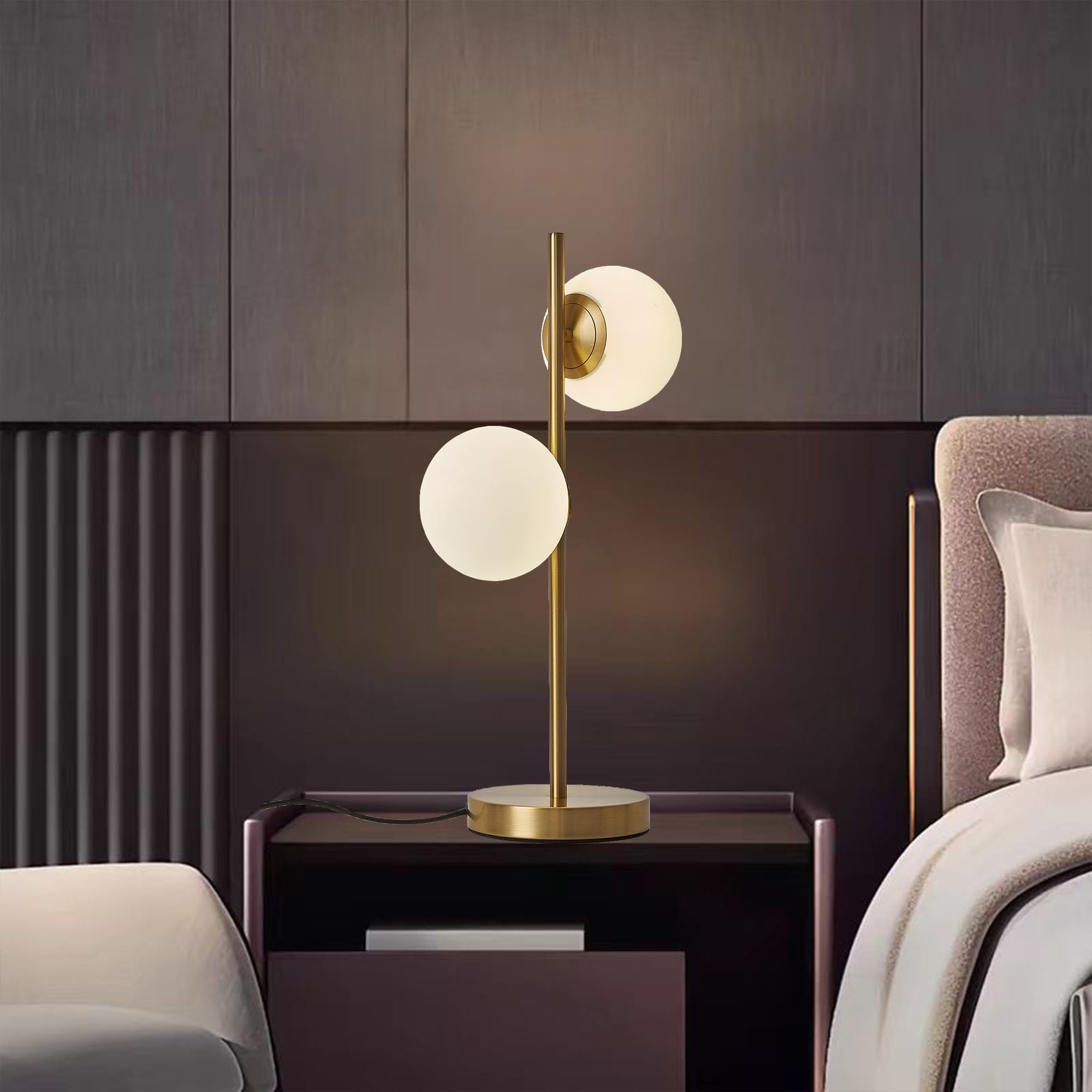 Kardleen Sphere Table Lamp For Bedroom, Mid Century Modern Table Lamp Gold Nightstand Light For Offices Contemporary Living Room Decor 2 Led Globe Lights