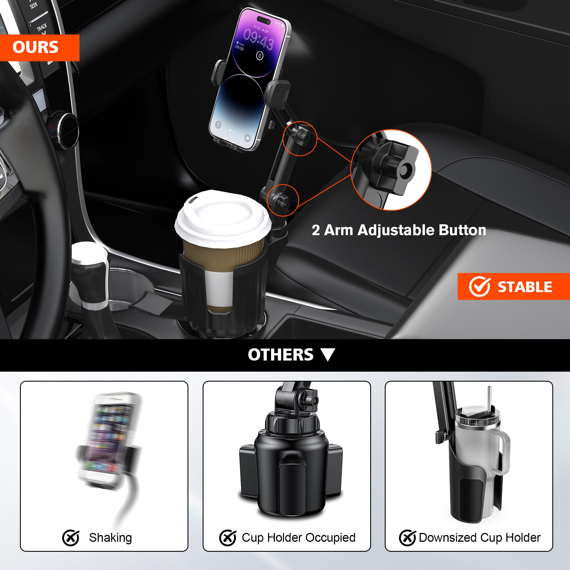 Edkcxb lest 2 In 1 Phone Mount For Car Cup Holder With Adjustable Base, Phone Holders For Car Cupholder, No Shaking 360° Flexible Neck Phone Mount For All 4-7” Smartphones, Cup Holder For Most Bottles