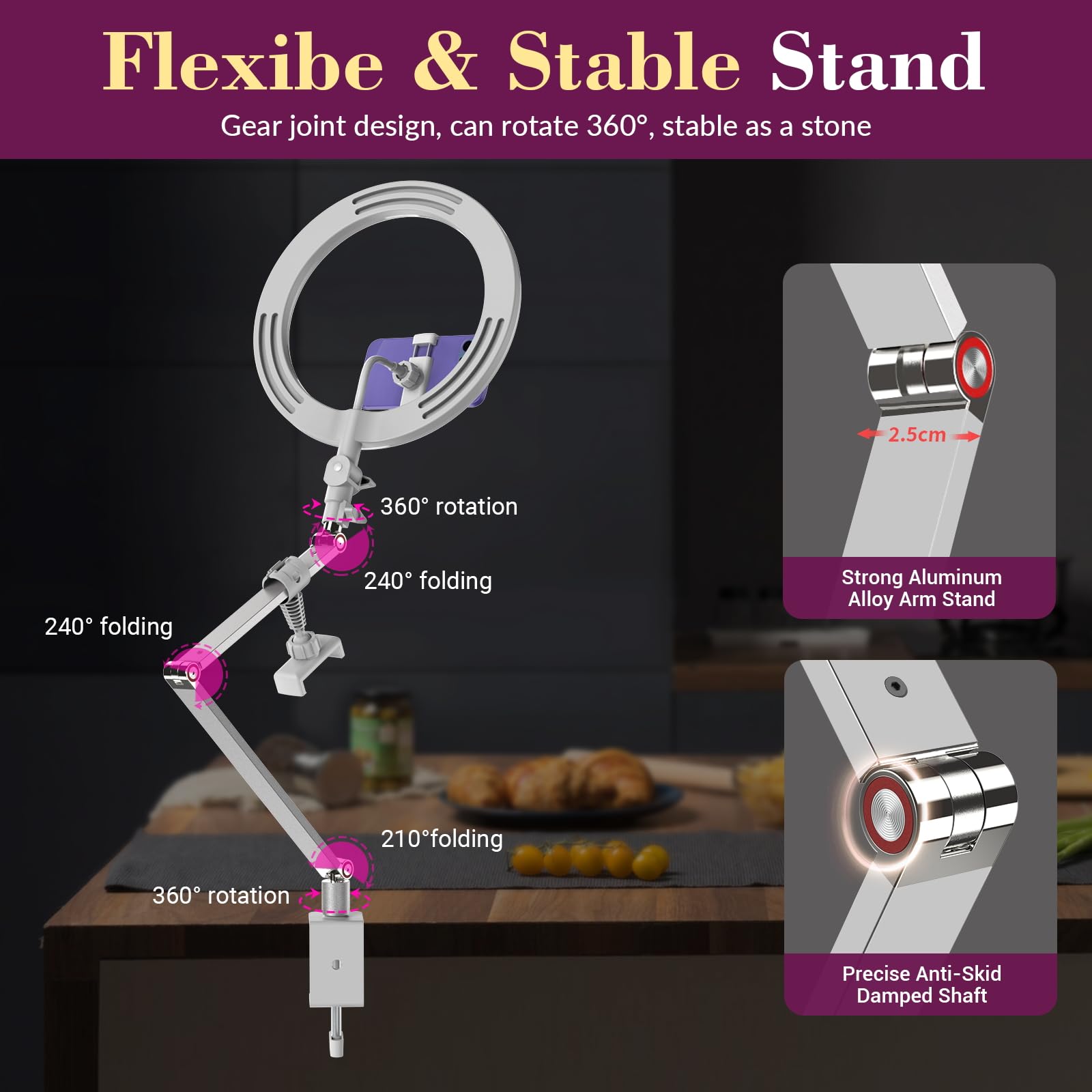 Miao Lab Usb 10' Ring Light For Desk With Stand And Phone Holder, Ring Light With Overhead Camera Mount And Adjustable Desk Arm Stand For Photography,Makeup, Zoom Calls, Youtube Videos（White）