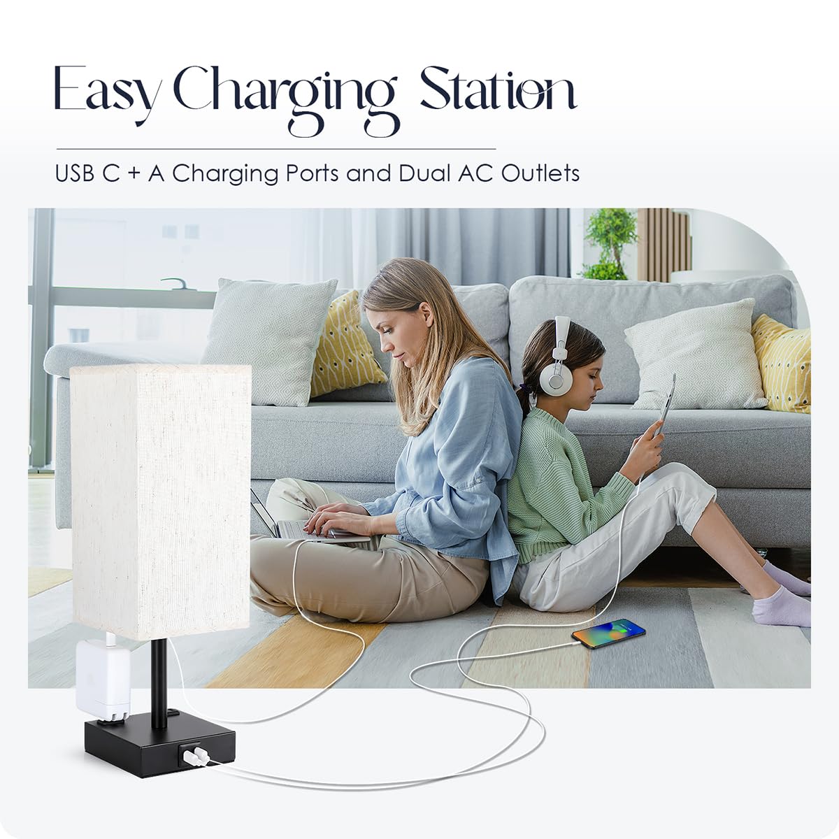 Soilsiu Bedside Table Lamps Set Of 2 - Touch Nightstand Lamp For Bedroom With Usb C+A Charging Ports & Ac Outlets, 3-Way Dimmable Desk Lamp Flaxen Fabric Shade For Living Room Office(Bulb Included)