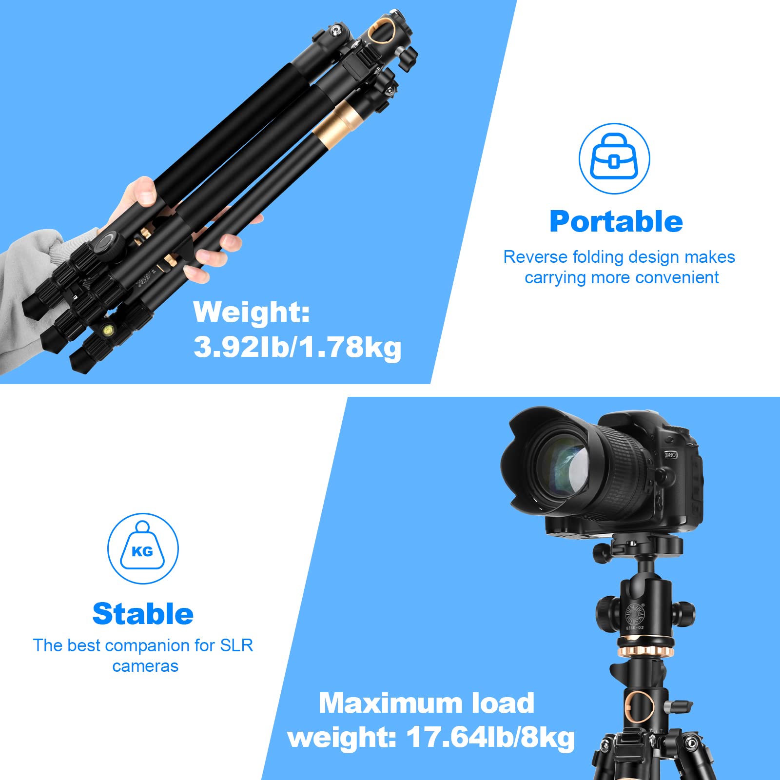 Soonpho Q992H 70Inch Professional Camera Tripod,3-In-1 Aluminum Alloy Tripod & Horizontal Tripods & Detachable Monopod With 360 Degree Ball Head For Dslr Cameras, Load Up To 17 Pounds