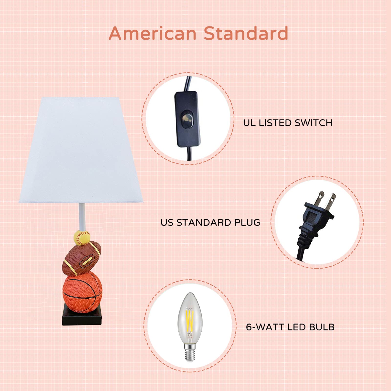Herbestbay Kids Table Lamp, 14 Inch Football, Basketball & Baseball Design With Cute Lampshade, Sports-Themed Lamp Ideal For Children'S Bedroom Decor, Bedside Lamp Includes Led Bulb