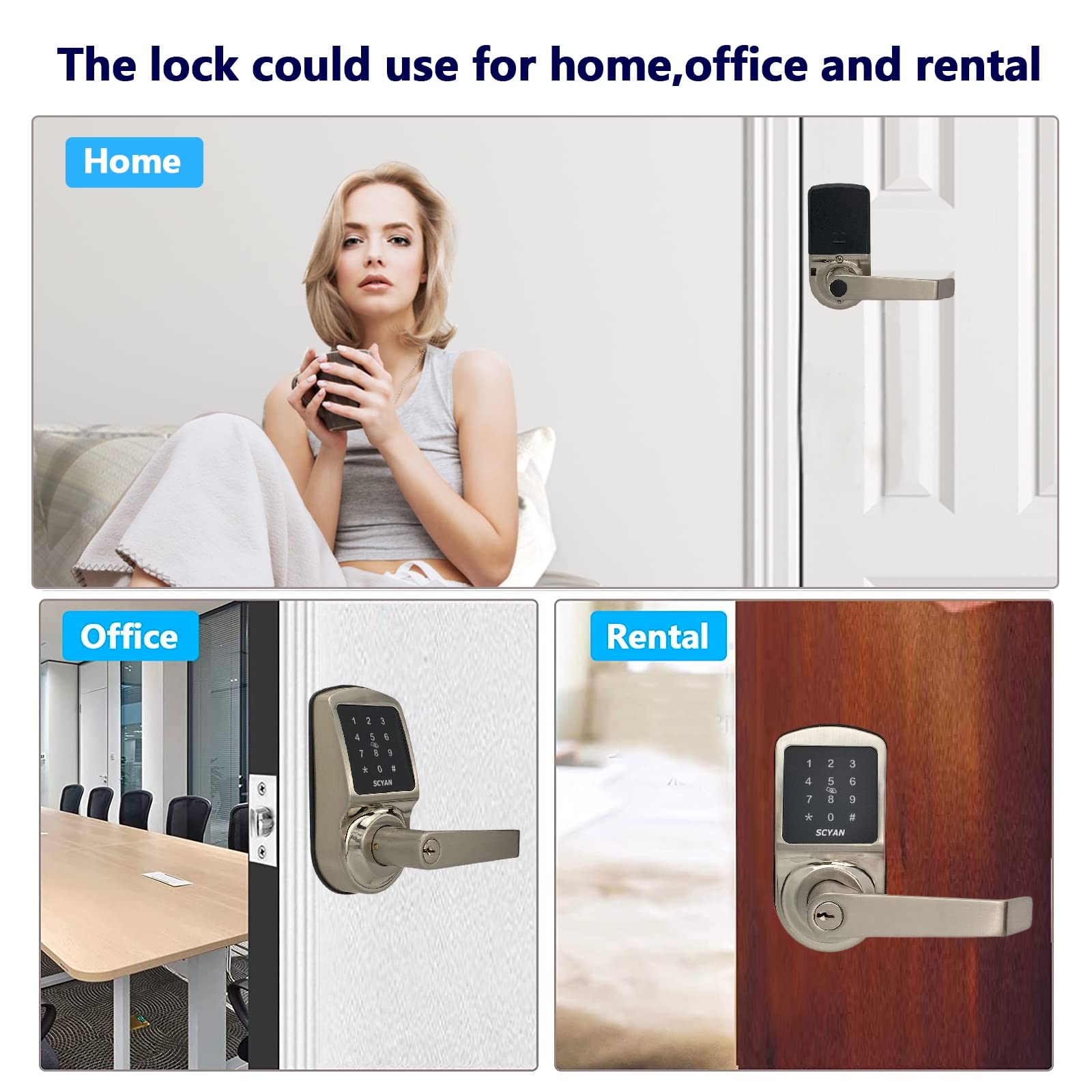 Scyan Smart Door Lock, Keyless Entry Door Lock, X2 Handle Lock With Touchscreen Keypad Access, Auto Locking, For Home, Airbnb Rental House, Satin Nickel