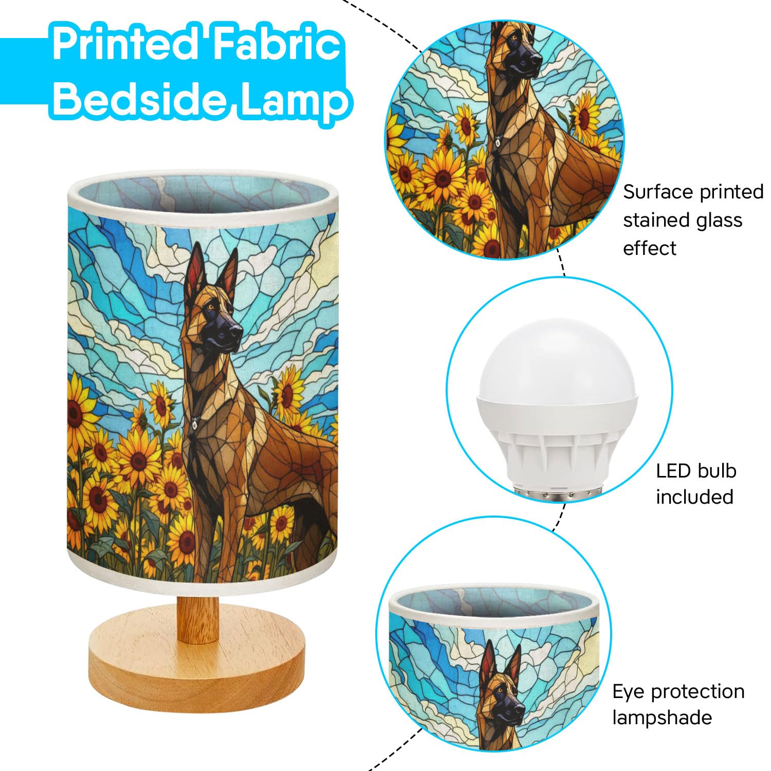 44Memory Belgian Malinois Table Lamp Led 3-Color Pressed Bedside, Dog Shade Lamp With Wood Base For Bedroom Living Room Desk Office