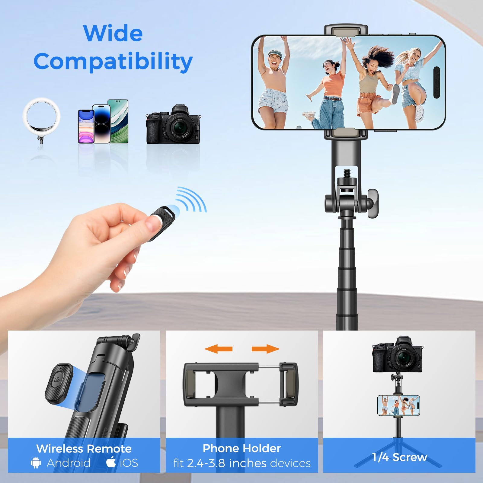 Liphisy Selfie Stick Travel Tripod For Cell Phone With Remote Control And Phone Holder, Extendable Selfie Stick For Iphone, Iphone Tripod For Video Recording, 50 Inch, Black