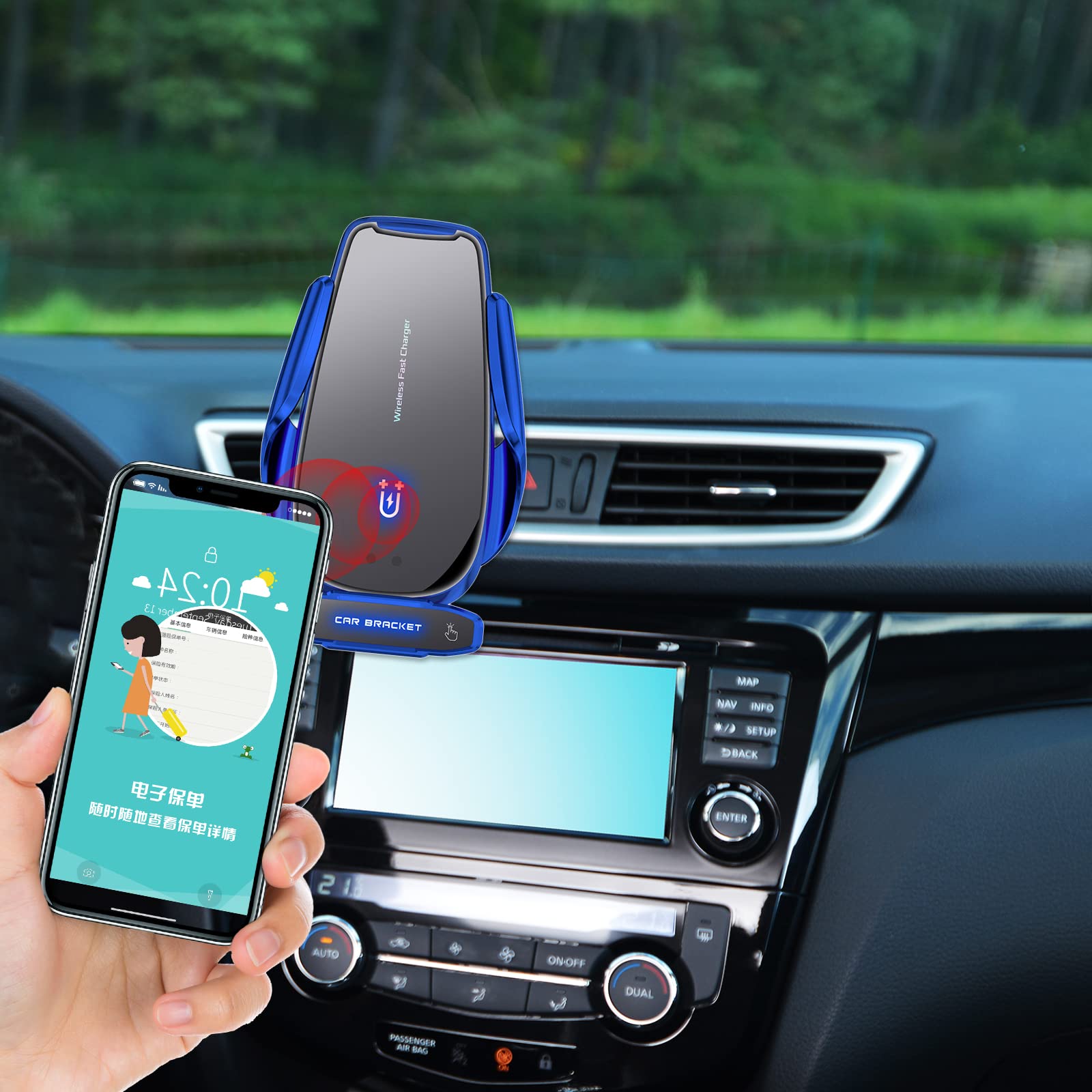 Lfnown Wireless Car Charger Mount Fast Charging Auto Clamping 15W Intelligent Dual Control Induction Bracket Car Phone Holder Mount Wireless Charging Compatible With All Android Smartphone(Blue)