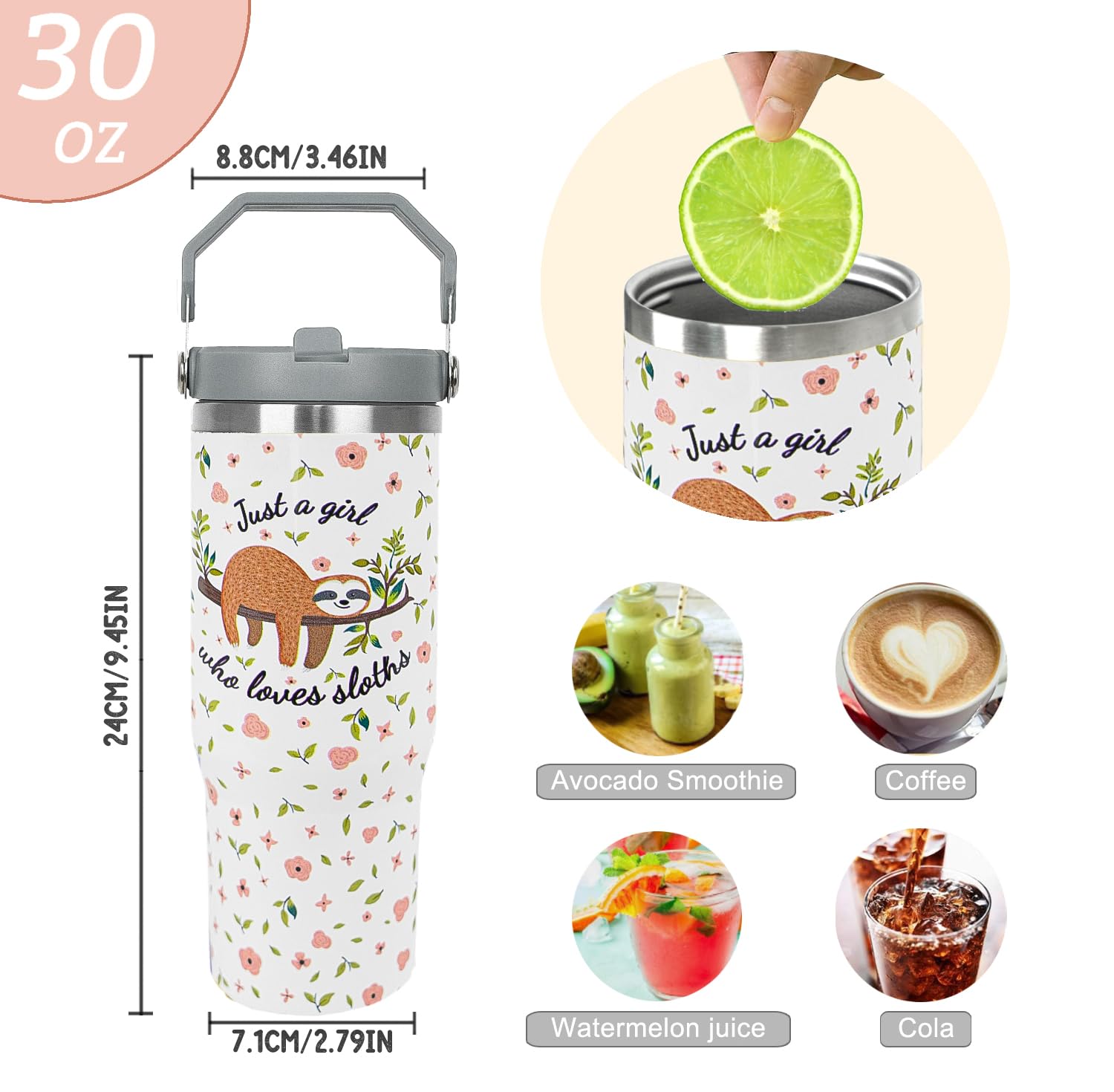 Sloth Tumbler With Handle & Flip Straw Cute Sloth Coffee Travel Mug Insulated Water Bottle