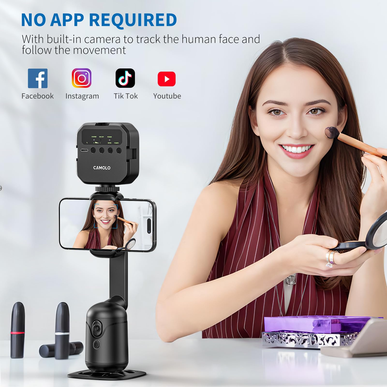 Camolo Auto Face Tracking Tripod 360 Rotation With Remote,No App,Auto Tracking Phone Holder Moving Tripod For Vlog,Shooting Video,Tiktok(Black Foldable)