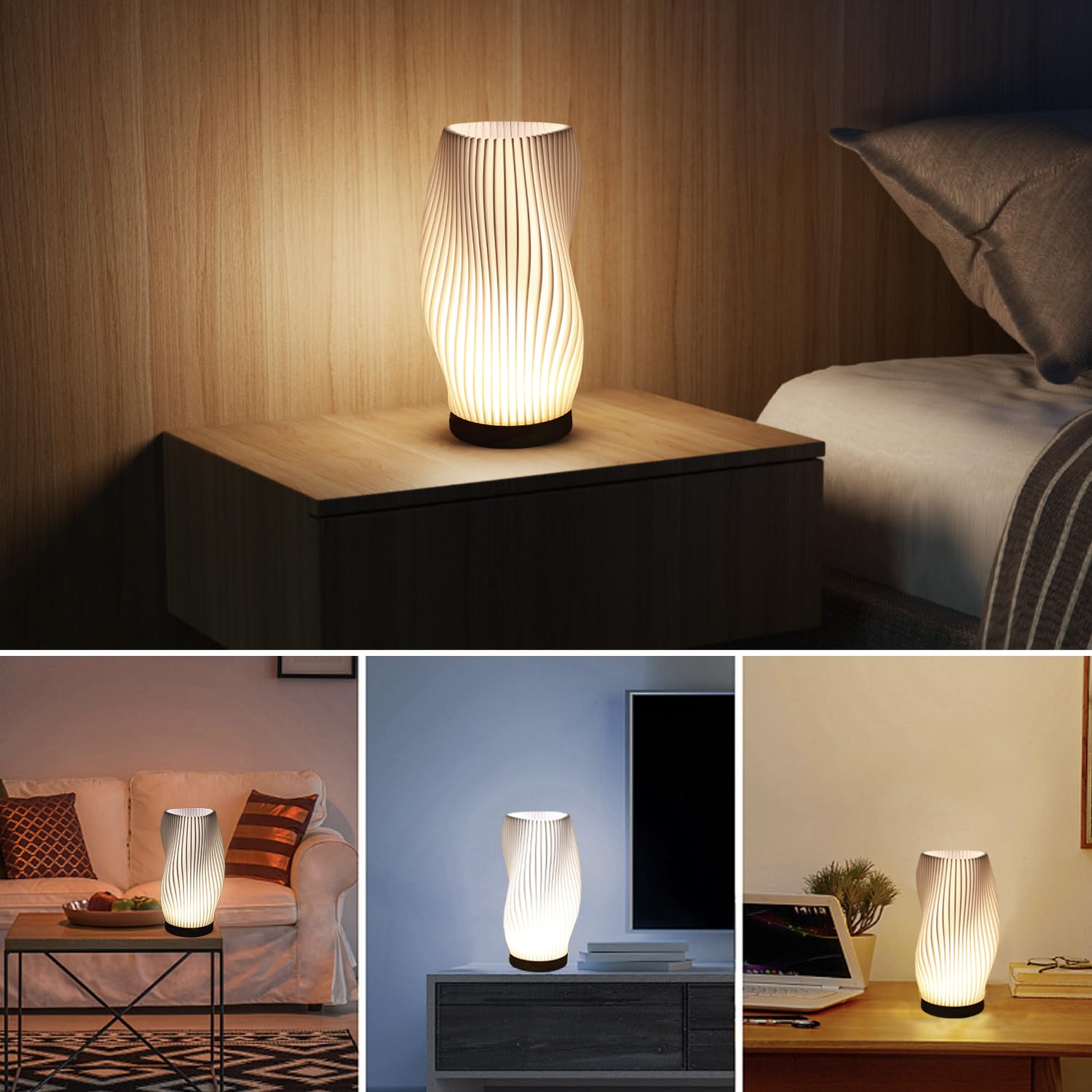 Wxrhiyer Bedroom Table Lamp With Wooden Base - Adjustable 3 Light Modes,3D Printed Lampshade Modern Nightstand Lamp,Suitable For Living Room,Desk (Curve)