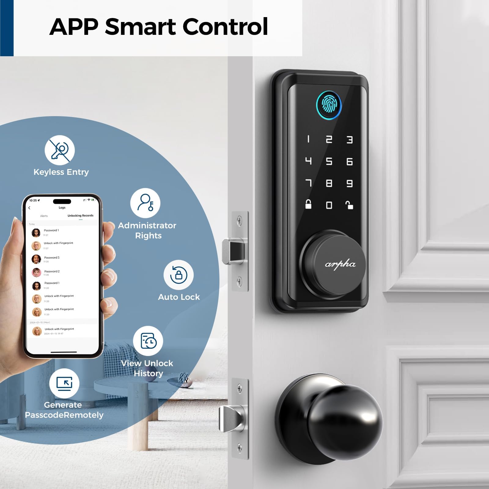Arpha Keyless Entry Door Lock Deadbolt With Handle Set, 5-In-1 Fingerprint Keyless Entry Door Lock – App Control,Fob, Anti-Peep Keypad Code, Auto Lock, Easy To Install, Waterproof