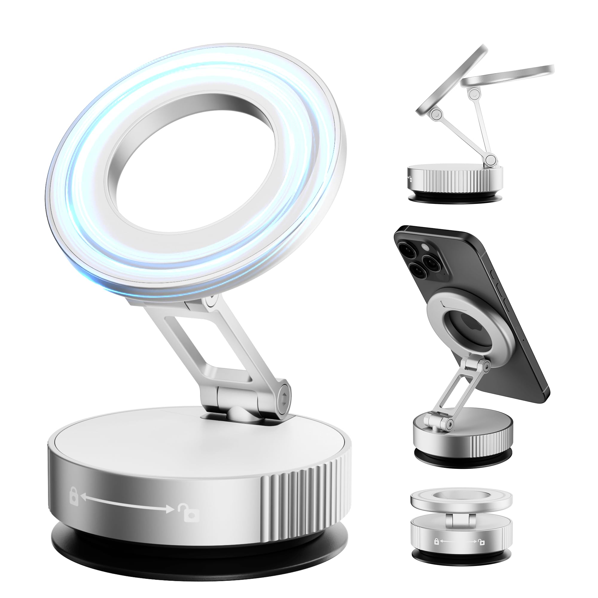 Hohosb Vacuum Magnetic Phone Holder For Magsafe,Foldable Metal Suction Cup Phone Mount,360° Rotatable Phone Mount For All Smartphones & All Car Models-Silver