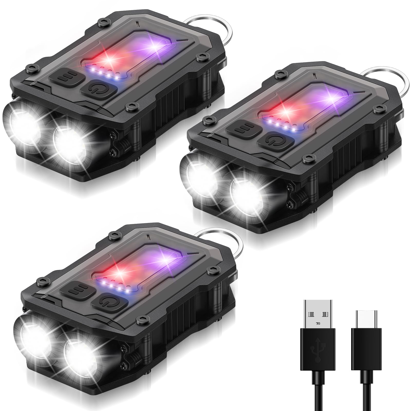 Rossesay 3 Pcs Mini Edc Flashlight Rechargeable Small Keychain Flashlight With White Red Blue Light, 800 High Lumens Pocket Usb C Led Cob Portable Flash Lights With Clip And Magnet, 8 Modes