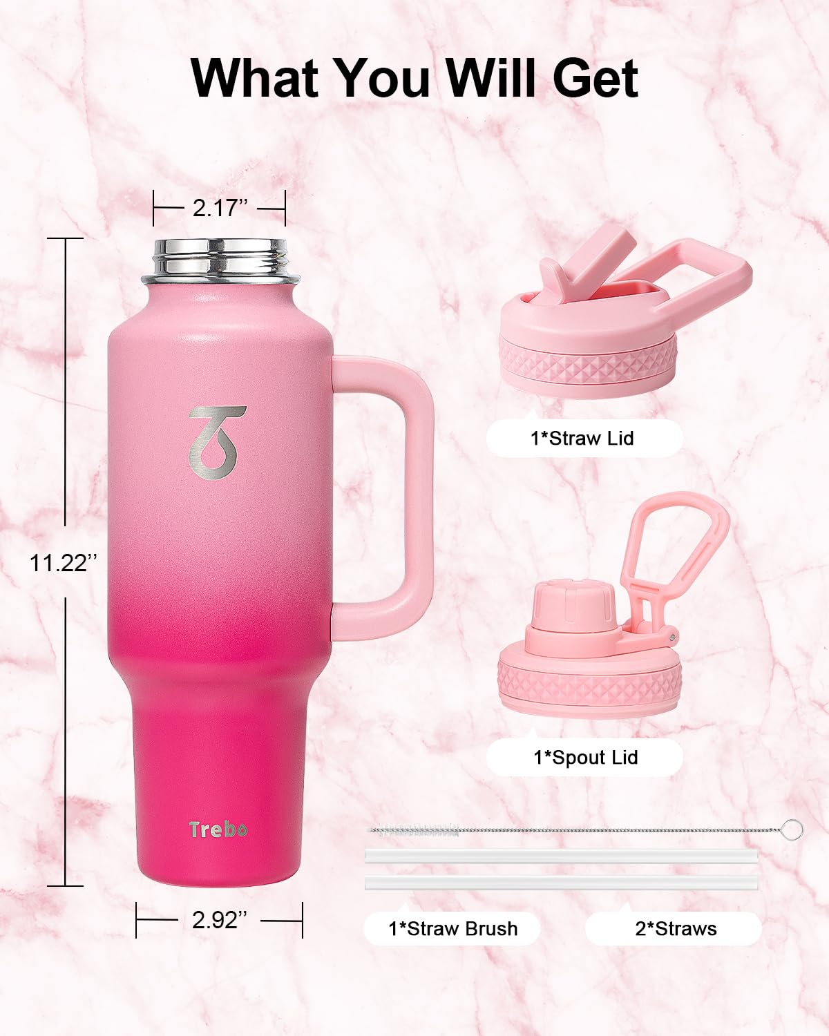 Trebo 40 Oz Water Bottle Insulated With Handle, Leakproof Keep 24Hrs Cold &Hot,Stainless Steel