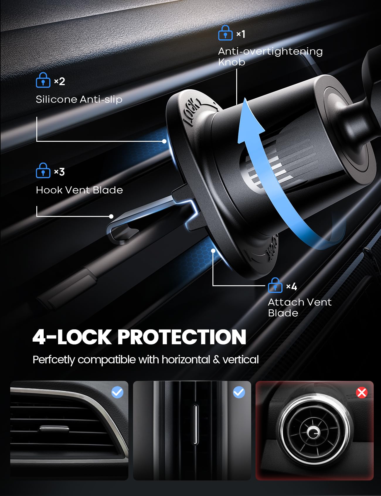 Lamicall  Wider Clamp & Metal Hook Car Phone Holder Vent [Thick Cases Friendly] Phone Holders For Your Car Mount Automobile Hands  Cradle Air Vent For Iphone 16 15 14 13 Pro Max Smartphone