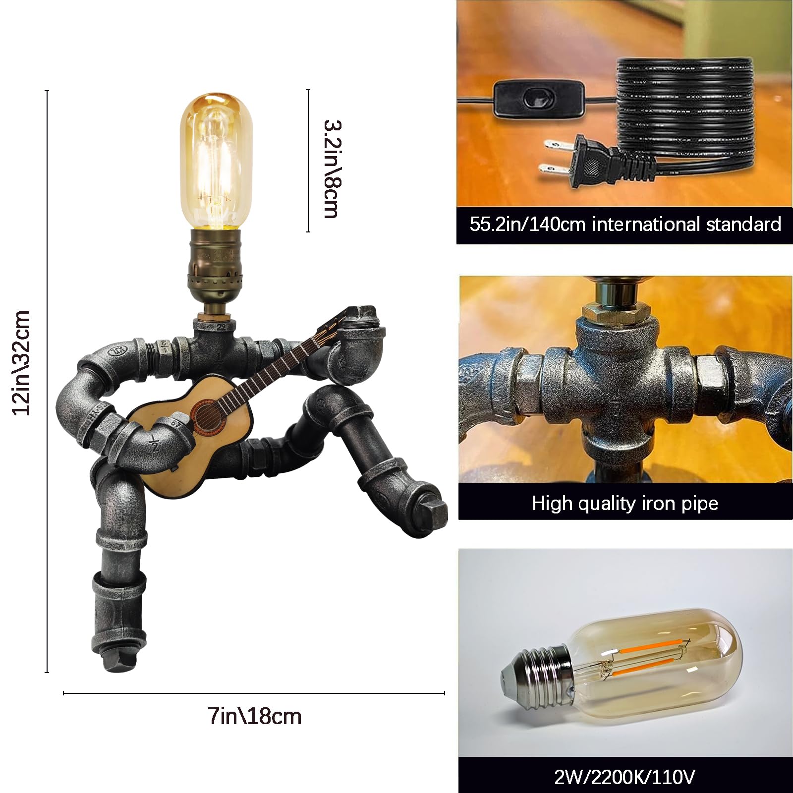 Jeosrv Music Guitar Table Lamp Art Decor Guitar Stuff Cool For Music Art Lovers Microphone Players For Men Steampunk Pipe Man Edison Bulb Lamps Retro Guitars Metal Pipe Industrial Robot Lights