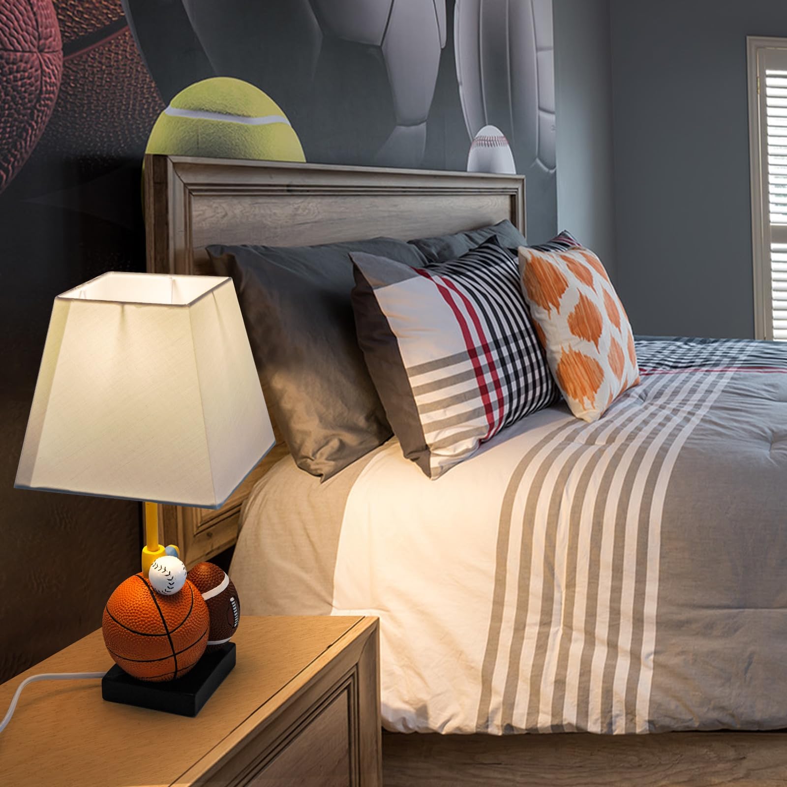 Herbestbay Kids Table Lamp, 14-Inch Bedside Lamp Adorable Football, Basketball, Hockey, And Baseball Design With Cute Shade - Ideal For Bedroom Decor, Includes Led Bulb