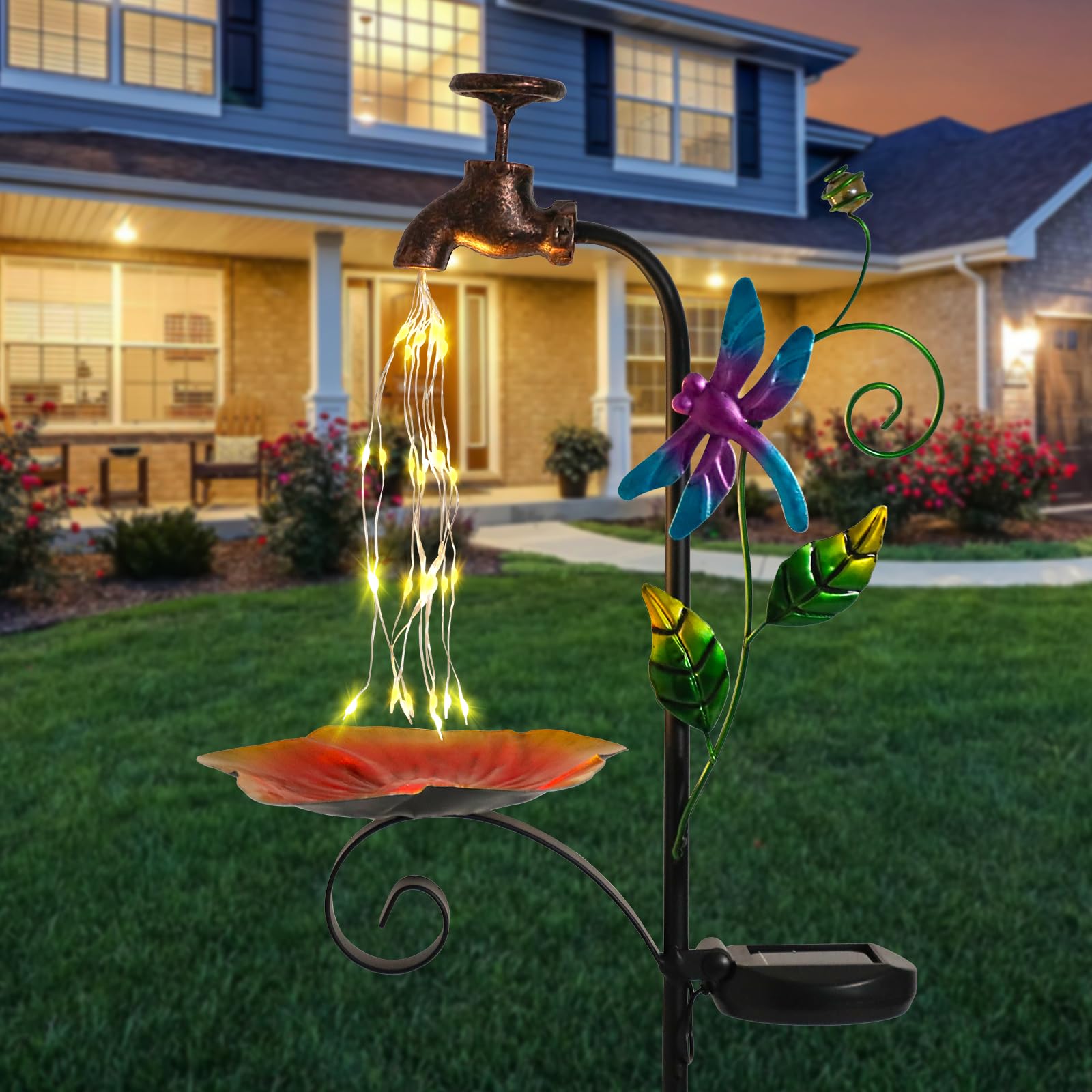 Afirst Solar Outdoor Lights Decorative Solar Dragonfly Lights With Bird Feeder Faucet Shaped Lighted Solar Garden Stake Decorations For Pathway Lawn Patio Courtyard Backyard