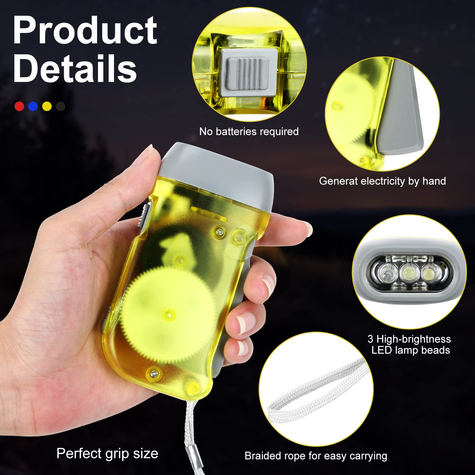 Leelosp 48 Pcs Hand Crank Flashlight No Battery Required Cranked Flashlight Manual Press Flash Light 3 Led Squeeze Light For Camping Hiking Power Outage (Red Blue Yellow Gray)