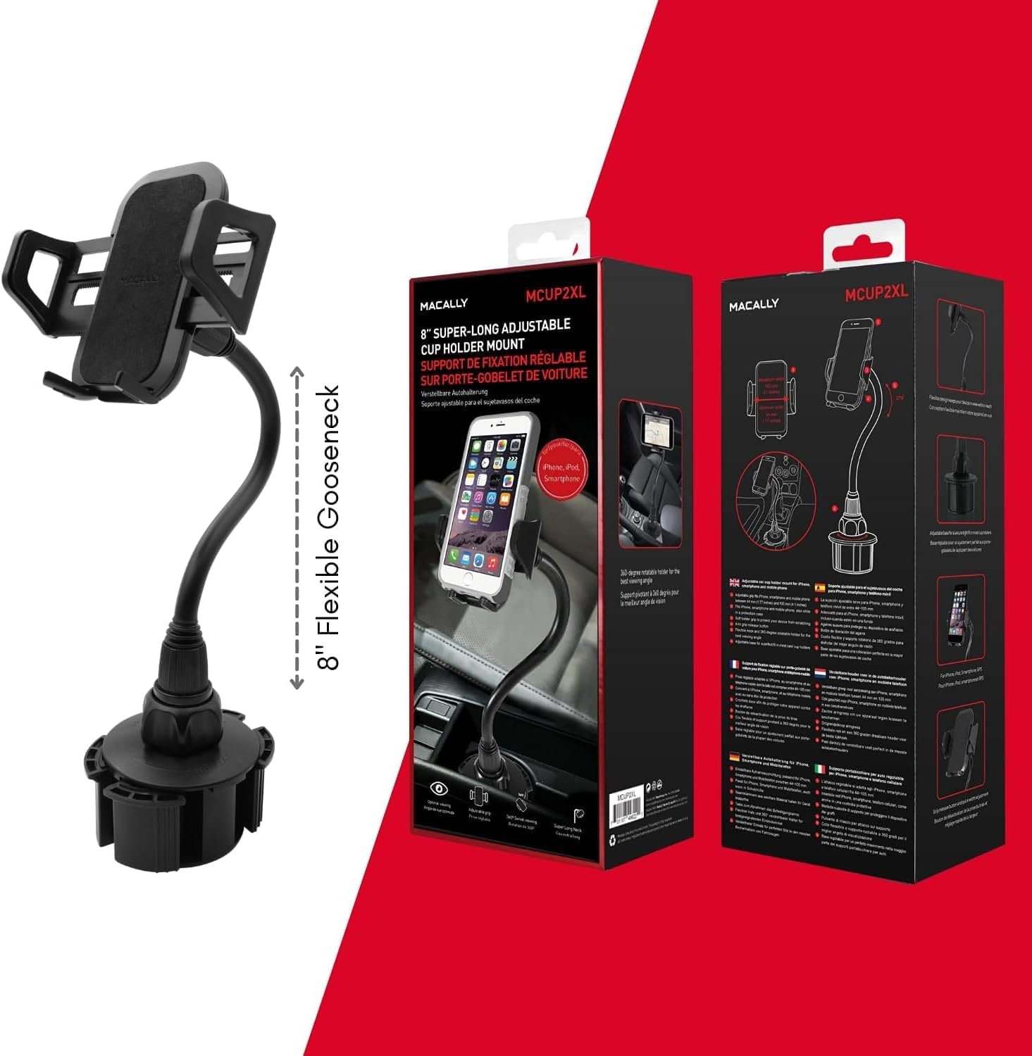 Macally Car Cup Holder Phone Mount - 8” Long Flexible Gooseneck Cell Phone Holder Car Cup Holder With 360° Adjustable Holder - Universal Cup Phone Holder Fits With/Without Case Up To 4.1” Wide