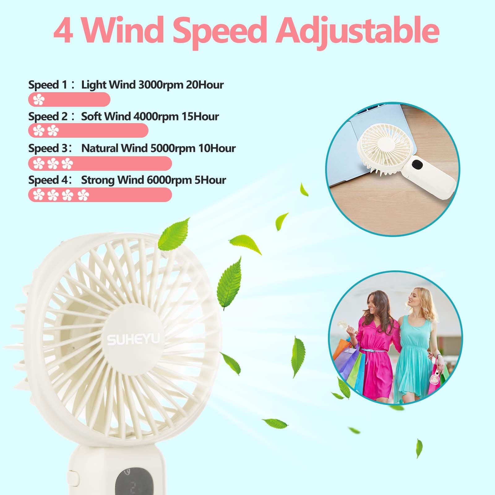 Portable Handheld Fan,Small Fan Usb Rechargable With 4000Mah Battery As Powerbank, Mini Fan In Led