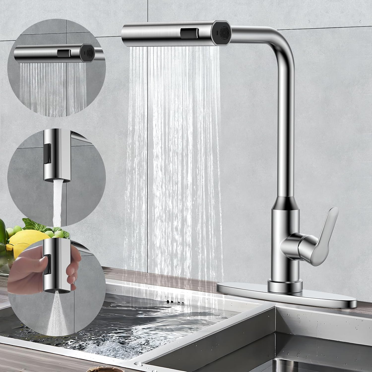 Tedflop Kitchen Faucet With Pull Down Sprayer - Stainless Steel Kitchen Sink Faucets 3 In 1 Function, Waterfall 360° Swivel Kitchen Faucet, Bar, Laundry, Rv,Farmhouse（Brushed）